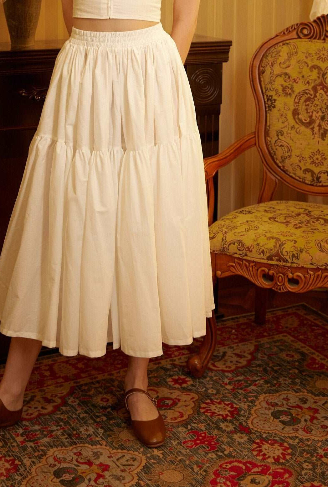 Tiered Pocket Maxi Skirt Cotton White Skirt Long Boho Pleated Skirt Flexible Waistband Versatile and Flattering, Perfect for All Seasons