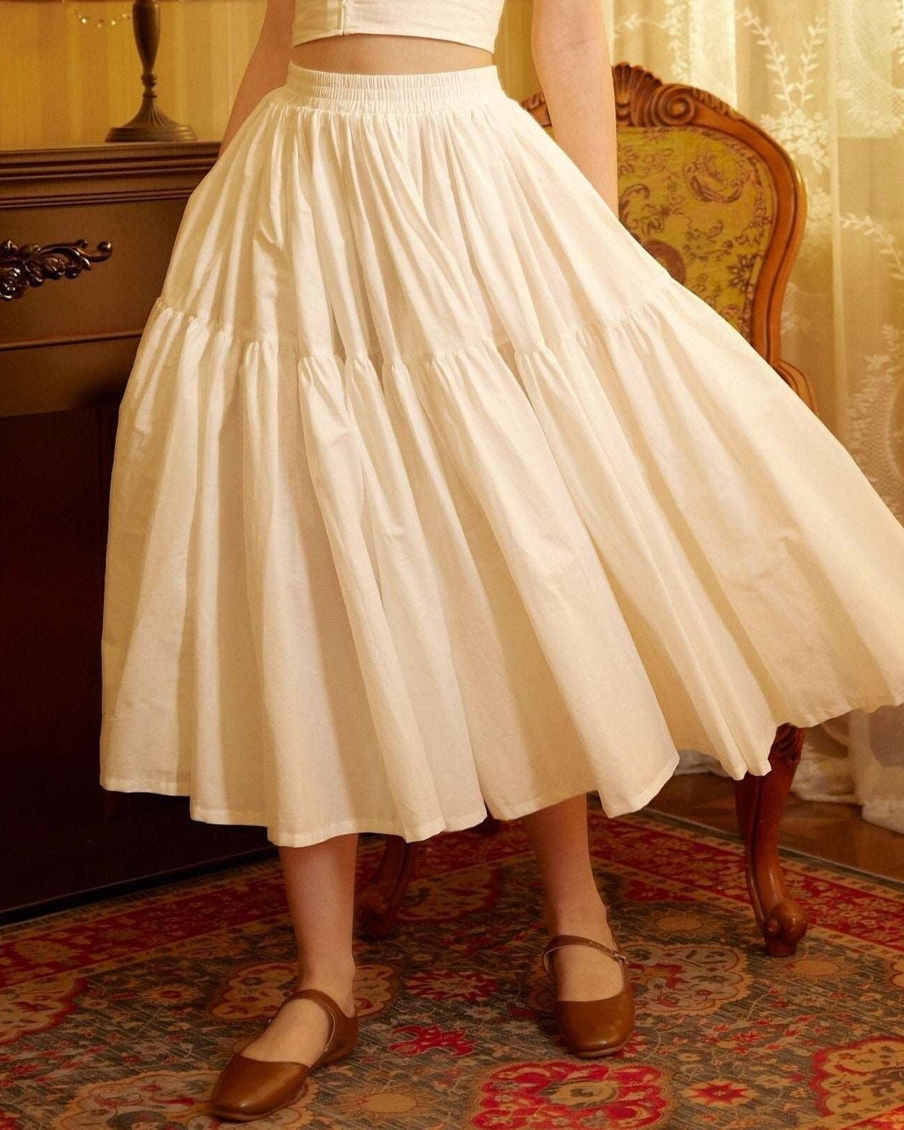 Tiered Pocket Maxi Skirt Cotton White Skirt Long Boho Pleated Skirt Flexible Waistband Versatile and Flattering, Perfect for All Seasons