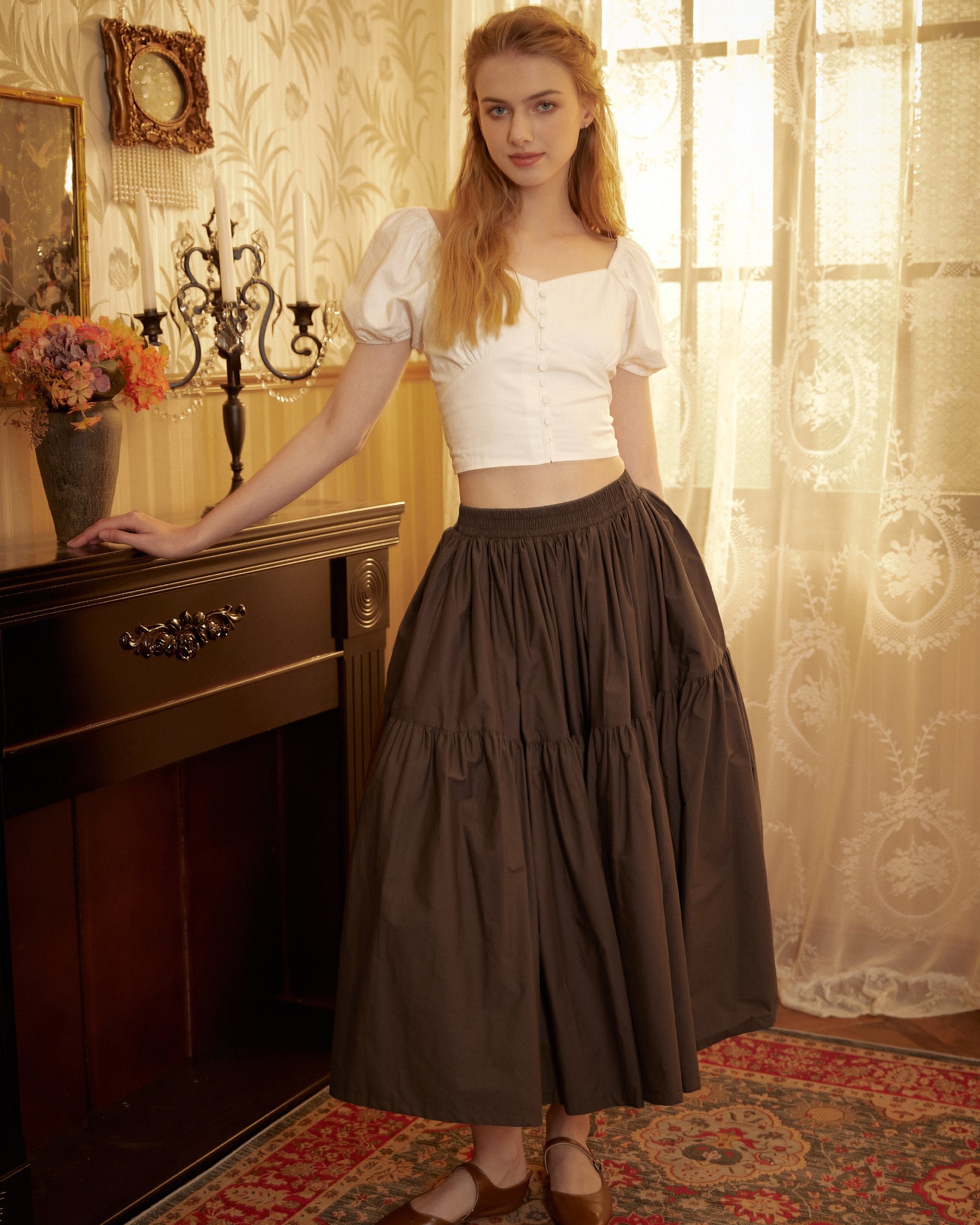 Brown Skirt Tiered Pocket Maxi Skirt Cotton Long Skirt Boho Pleated Skirt Flexible Waistband, Perfect for All Seasons