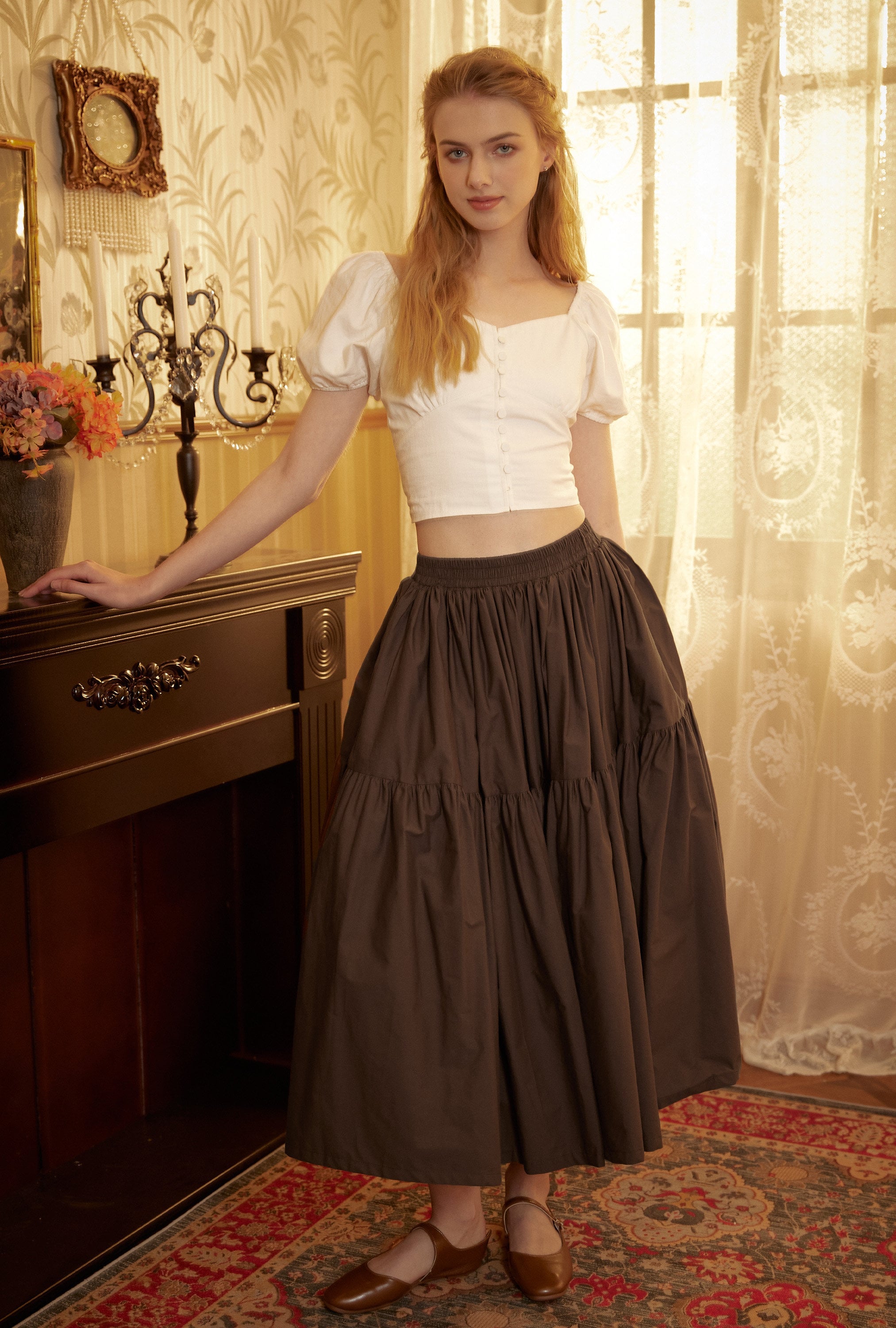Brown Skirt Tiered Pocket Maxi Skirt Cotton Long Skirt Boho Pleated Skirt Flexible Waistband, Perfect for All Seasons