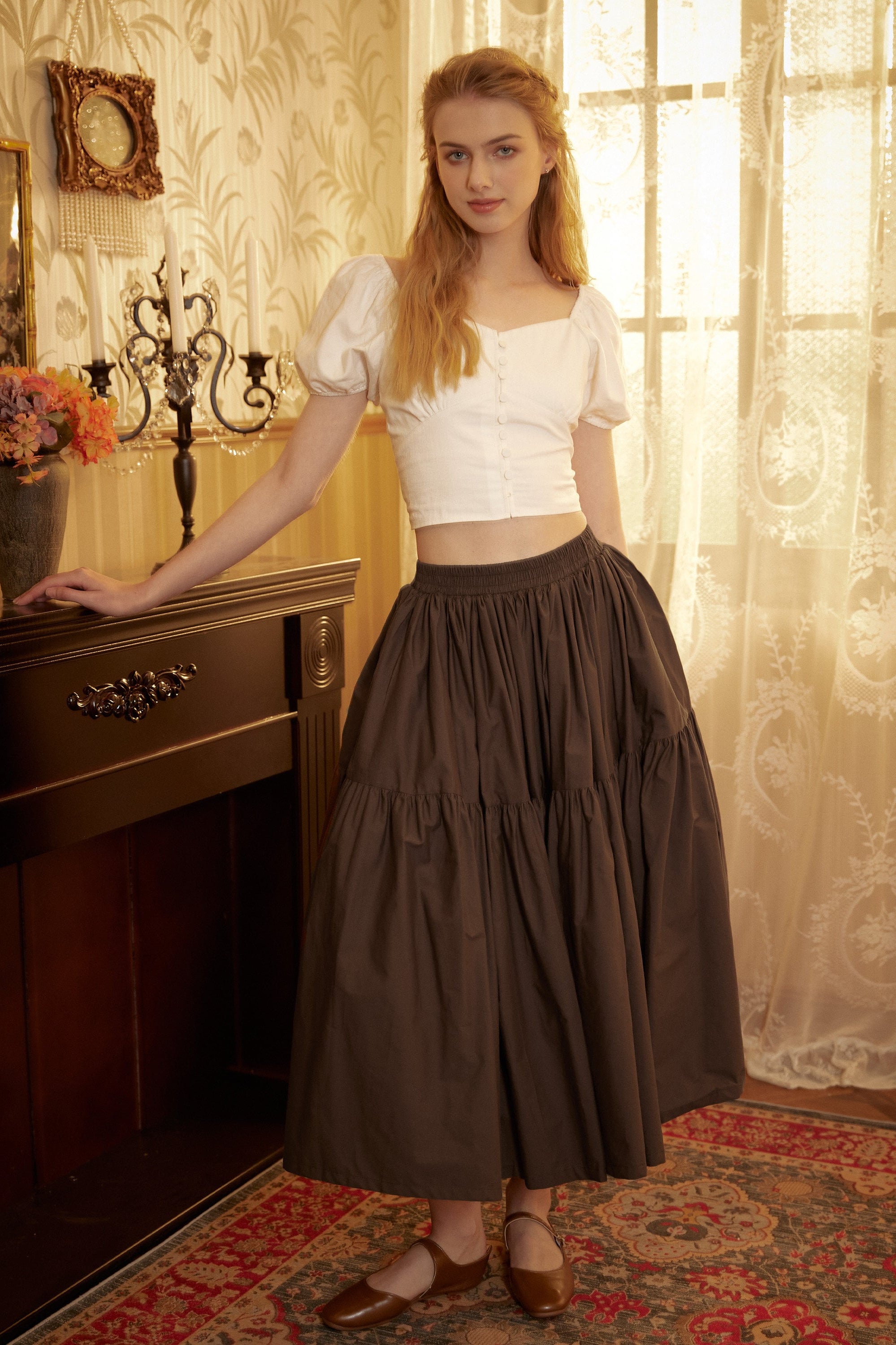 Brown Skirt Tiered Pocket Maxi Skirt Cotton Long Skirt Boho Pleated Skirt Flexible Waistband, Perfect for All Seasons
