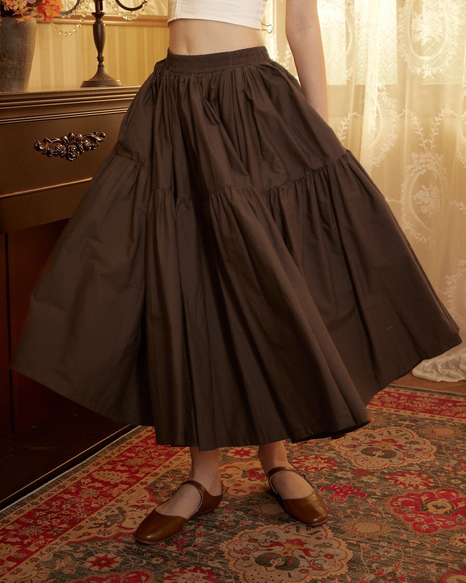 Brown Skirt Tiered Pocket Maxi Skirt Cotton Long Skirt Boho Pleated Skirt Flexible Waistband, Perfect for All Seasons