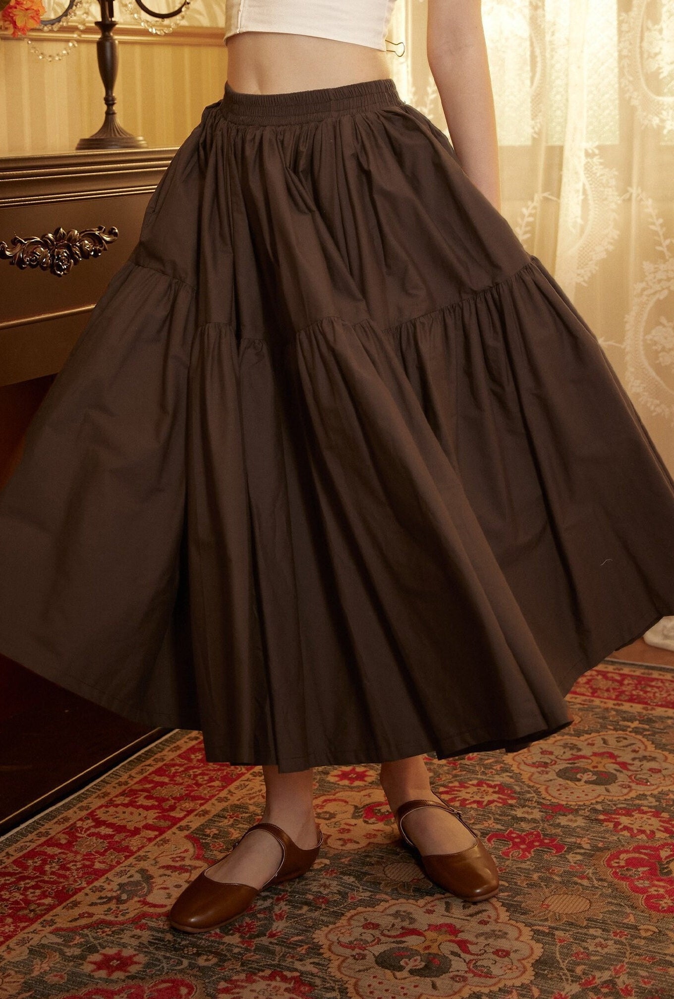 Brown Skirt Tiered Pocket Maxi Skirt Cotton Long Skirt Boho Pleated Skirt Flexible Waistband, Perfect for All Seasons