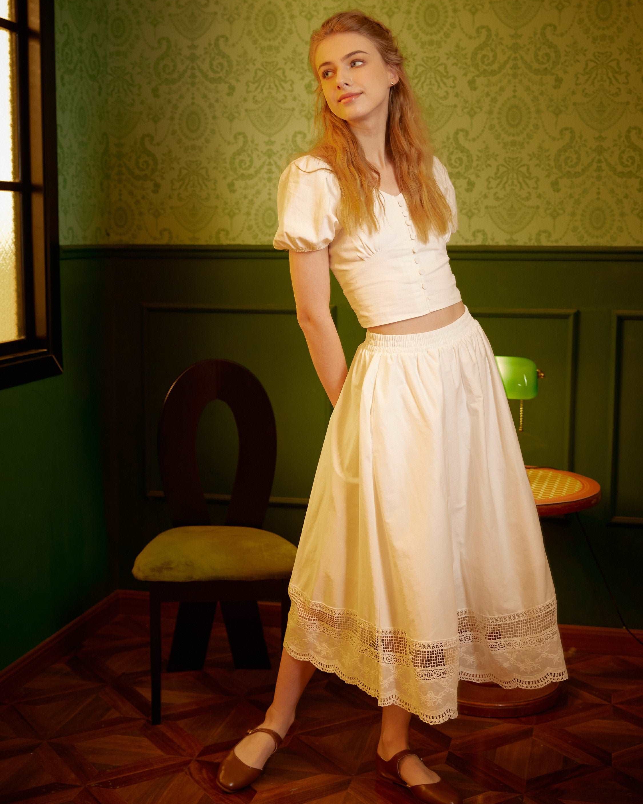 Renaissance Lace skirt Victorian skirt Pocket Skirt with Embroidery Cotton Skirt With Lace Hem Elastic Waist Ren Faire dress with a lining