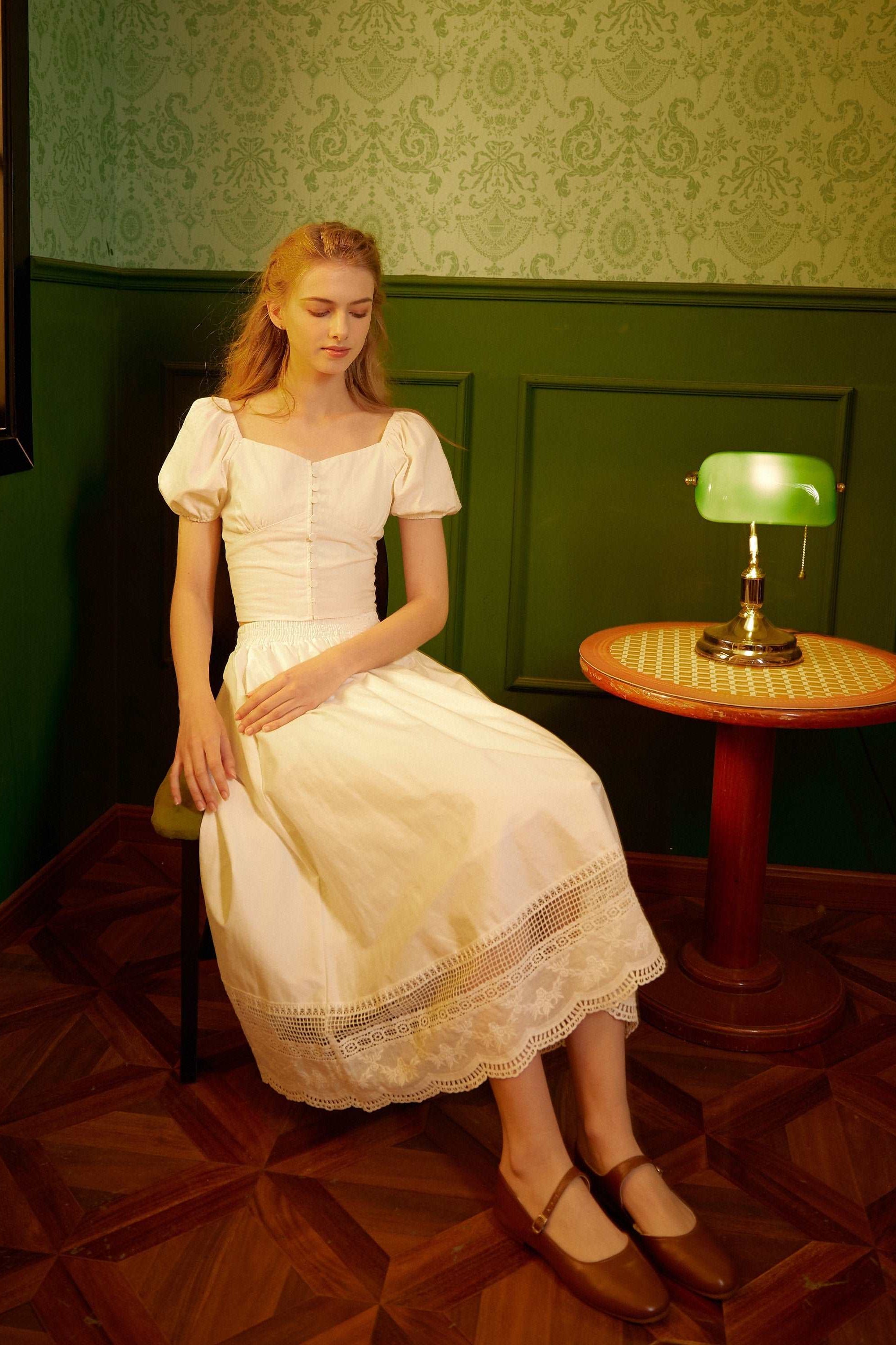 Renaissance Lace skirt Victorian skirt Pocket Skirt with Embroidery Cotton Skirt With Lace Hem Elastic Waist Ren Faire dress with a lining