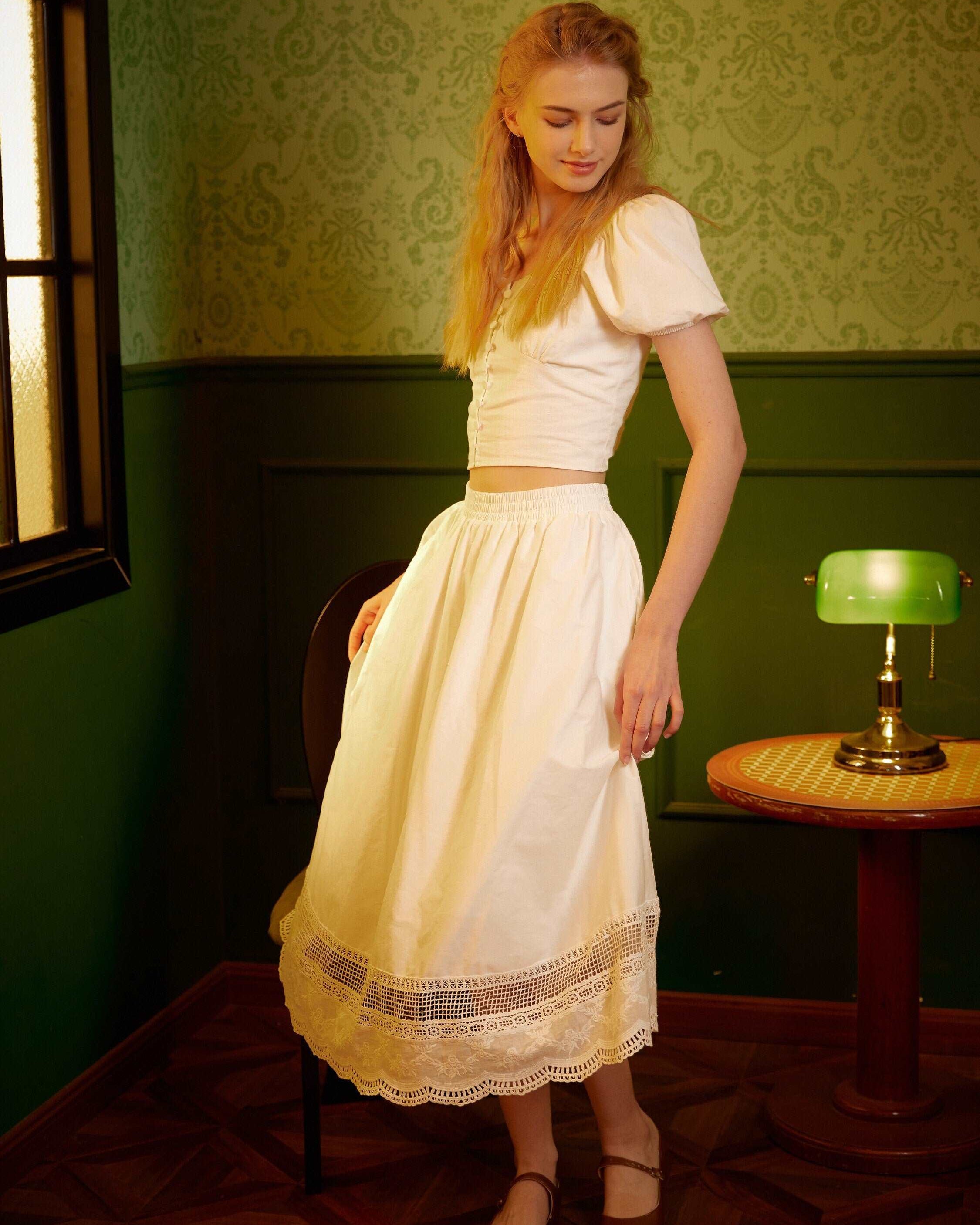 Renaissance Lace skirt Victorian skirt Pocket Skirt with Embroidery Cotton Skirt With Lace Hem Elastic Waist Ren Faire dress with a lining