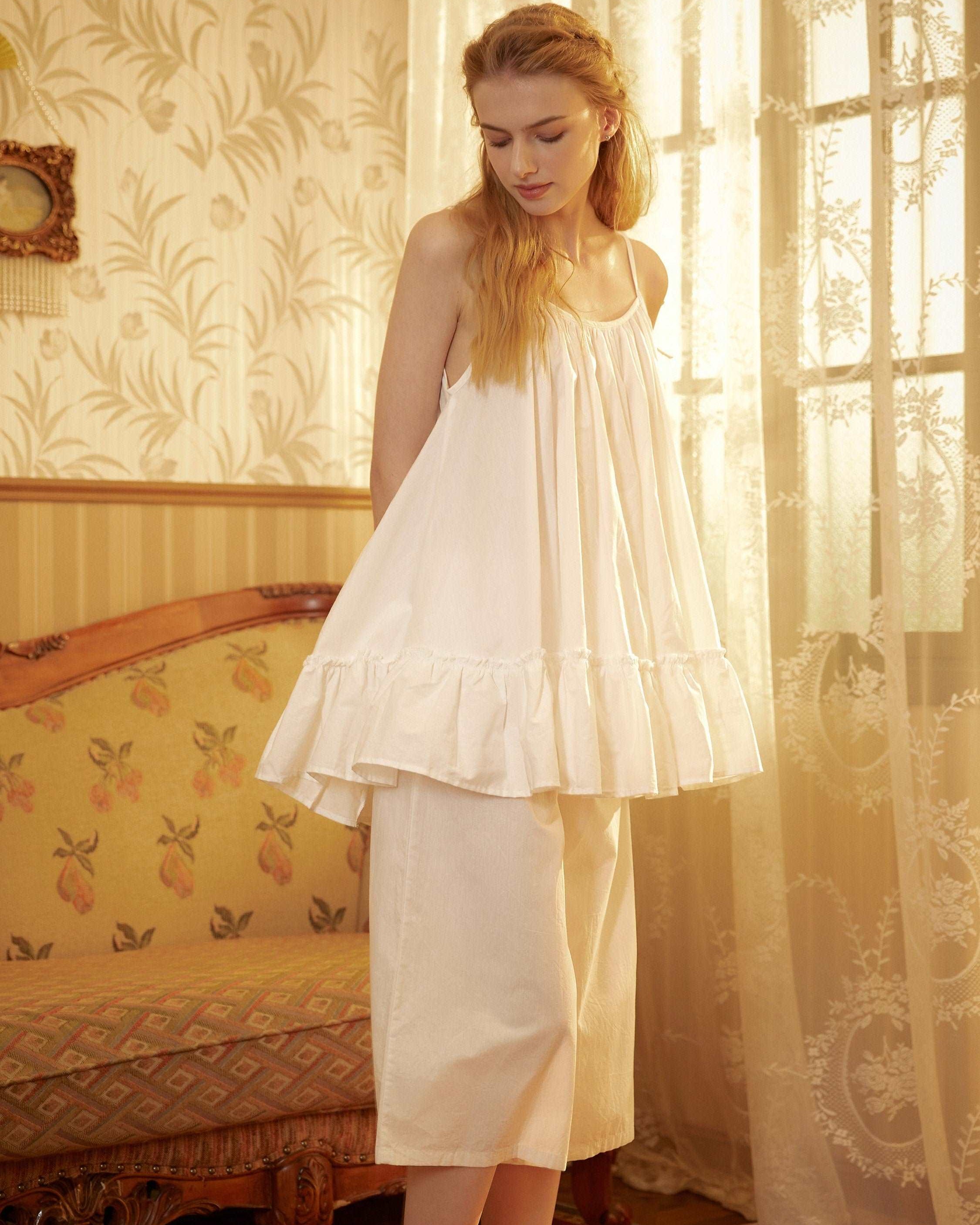 Nightgown Cotton for Women Victorian White Lingerie Sleepwear Ruffled Medieval Sleeveless nightgown plus size Pajama