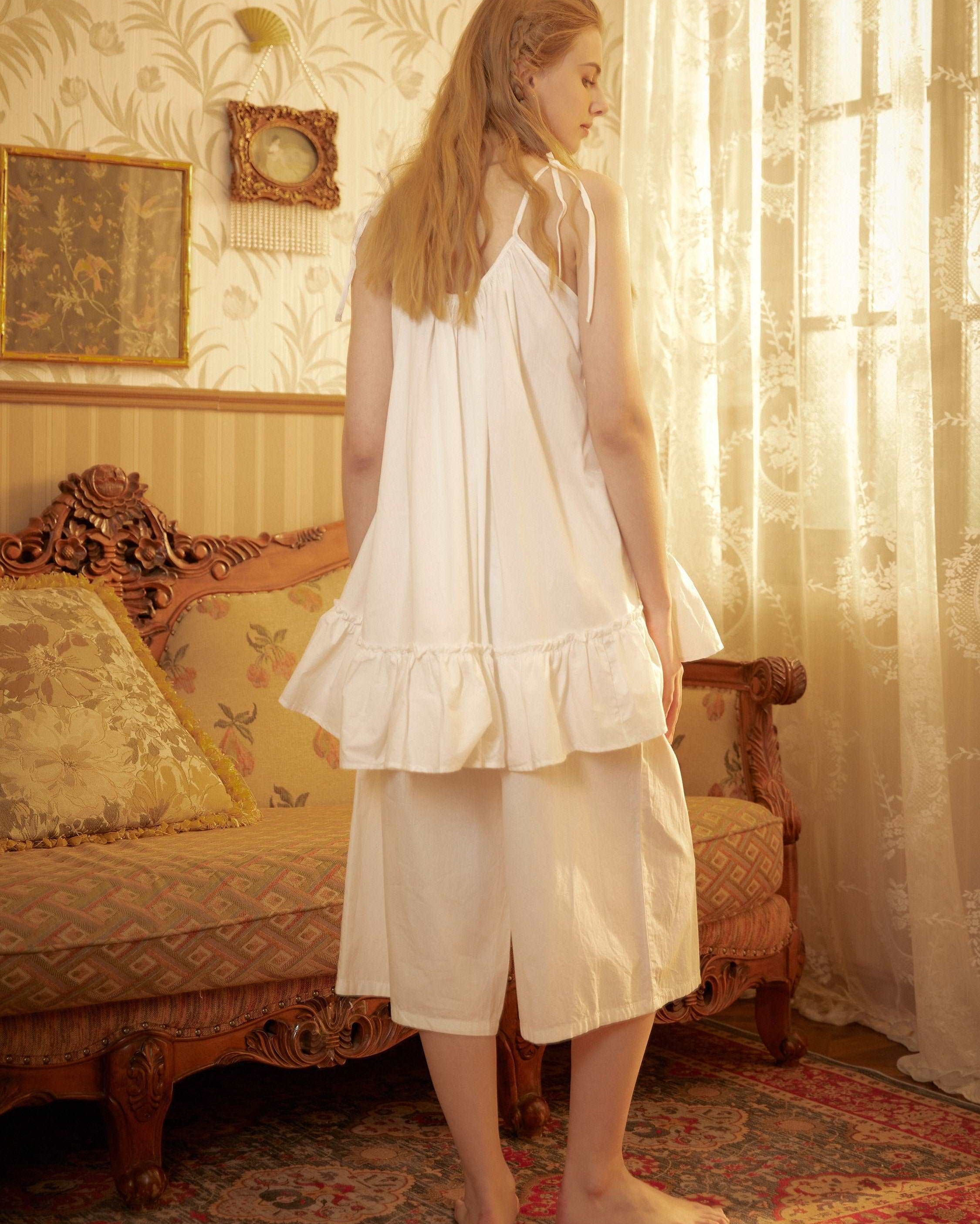 Nightgown Cotton for Women Victorian White Lingerie Sleepwear Ruffled Medieval Sleeveless nightgown plus size Pajama