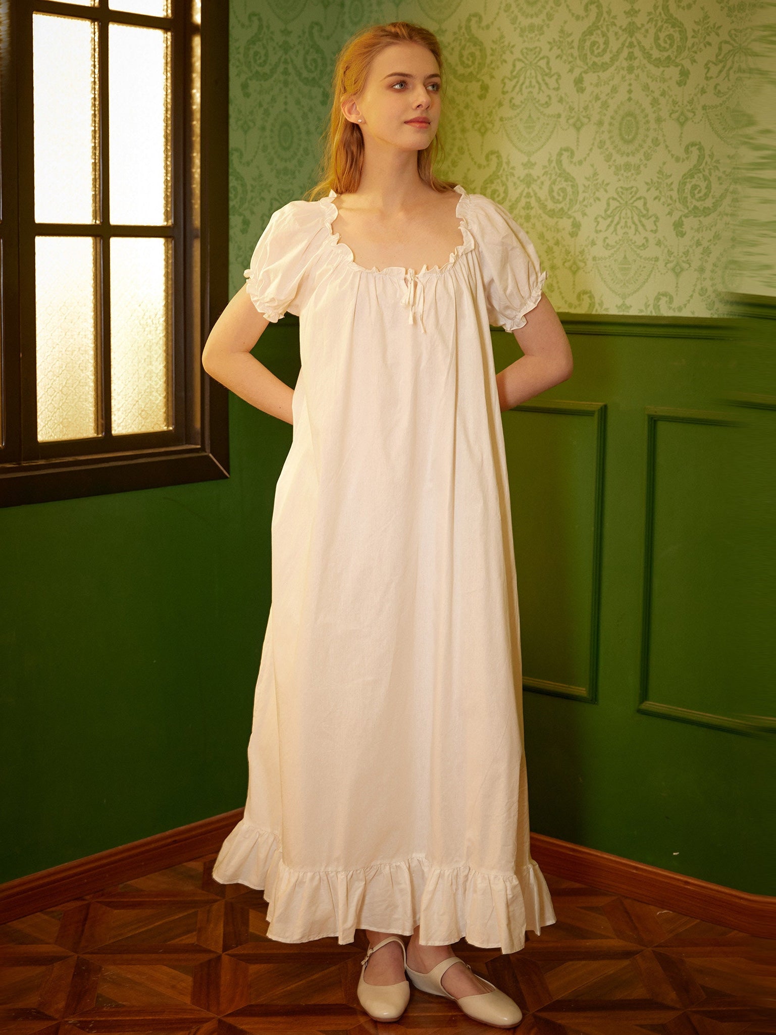 Ruffled Victorian Nightgown Vintage Inspired Summer Nightgown Loose White Long Sleepwear Ruffled Scoop Neckline Dress Elastic Sleeves