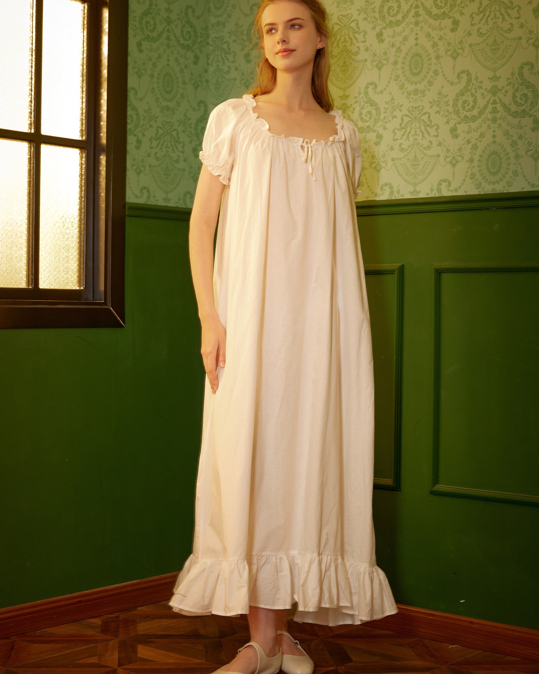 Ruffled Victorian Nightgown Vintage Inspired Summer Nightgown Loose White Long Sleepwear Ruffled Scoop Neckline Dress Elastic Sleeves