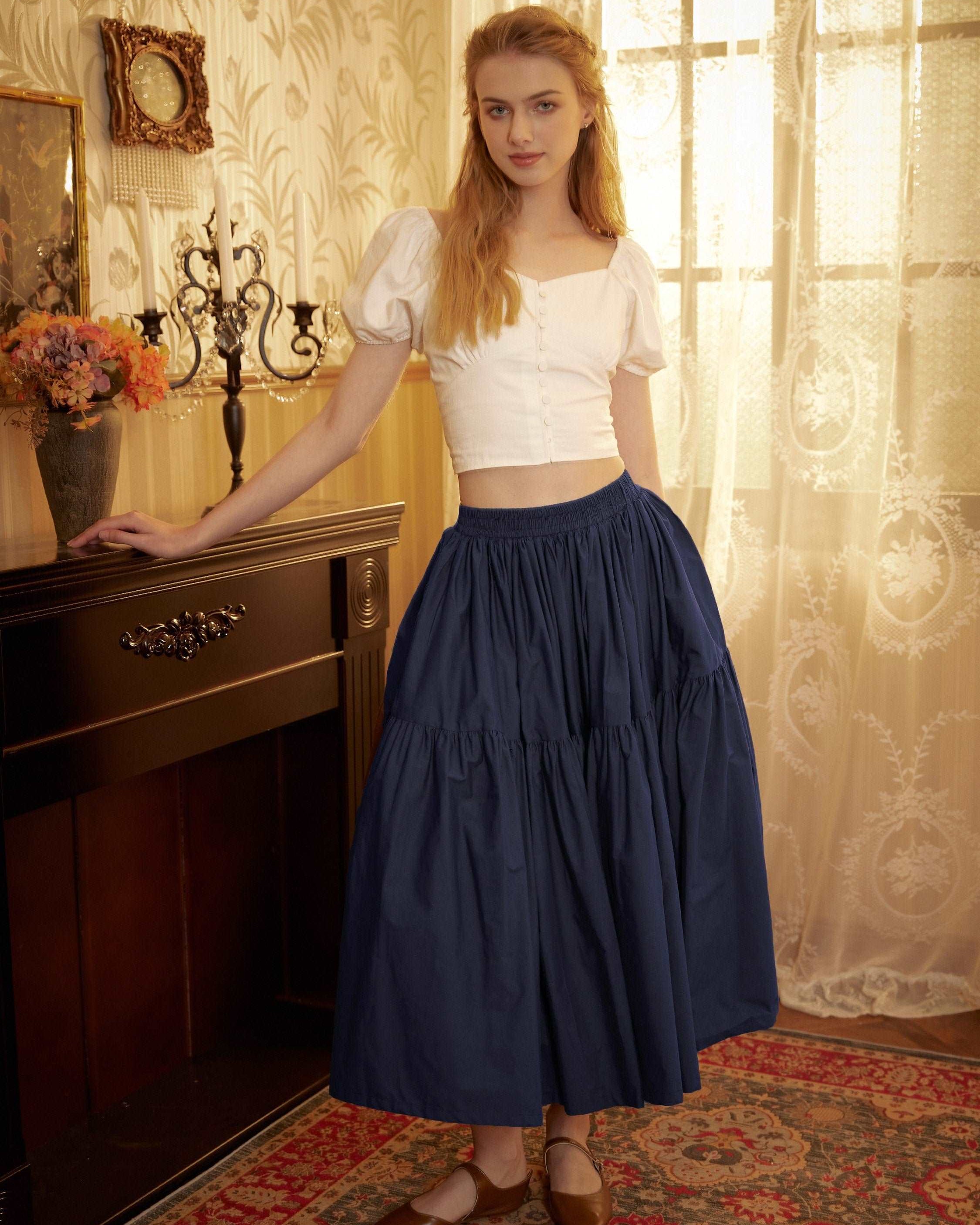 Tiered Pocket Maxi Skirt Cotton White Skirt Long Boho Pleated Skirt Flexible Waistband Versatile and Flattering, Perfect for All Seasons