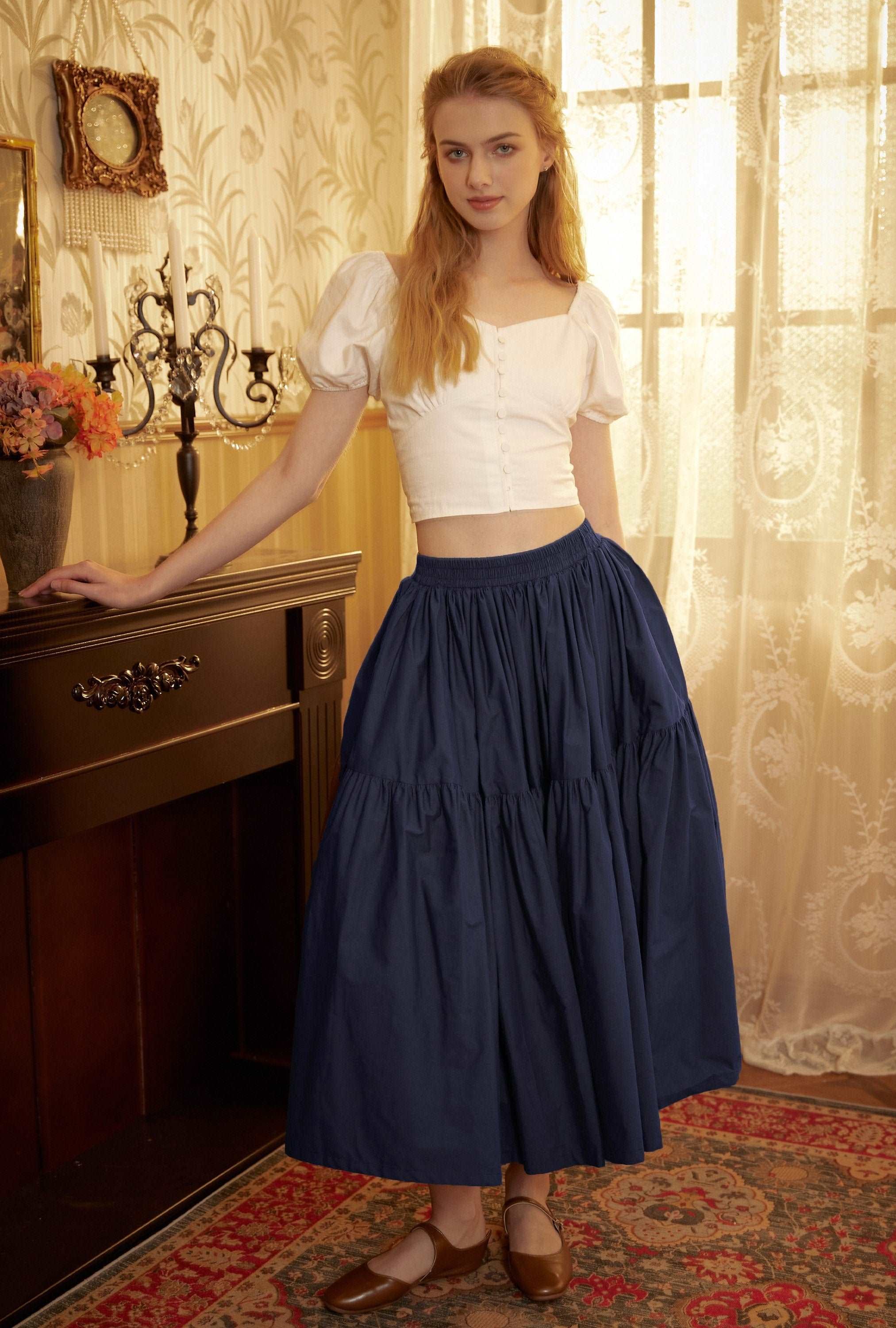 Tiered Pocket Maxi Skirt Cotton White Skirt Long Boho Pleated Skirt Flexible Waistband Versatile and Flattering, Perfect for All Seasons