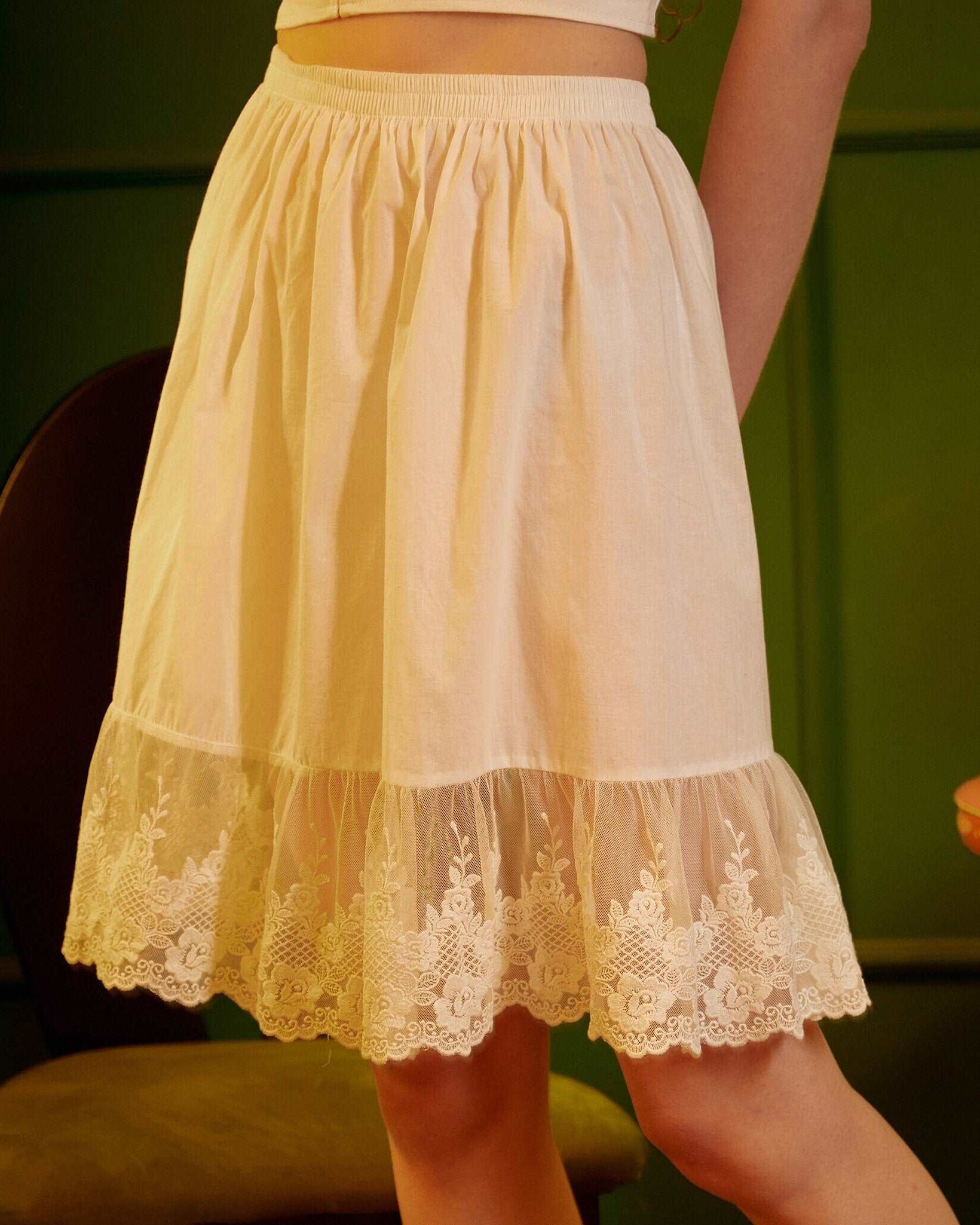 Half Slip Skirt Extender Cotton with Lace Trim Underskirt Ivory Flower Lace Slip Romantic Dress