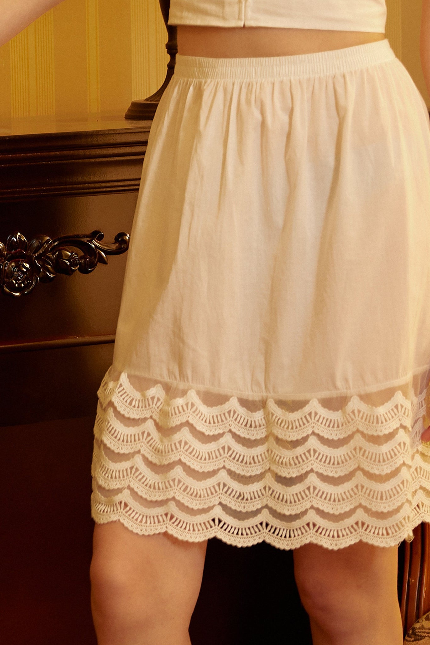 Skirt Extender Cotton Petticoat with Lace Trim Half Slip Vintage Inspired Underskirt Ivory
