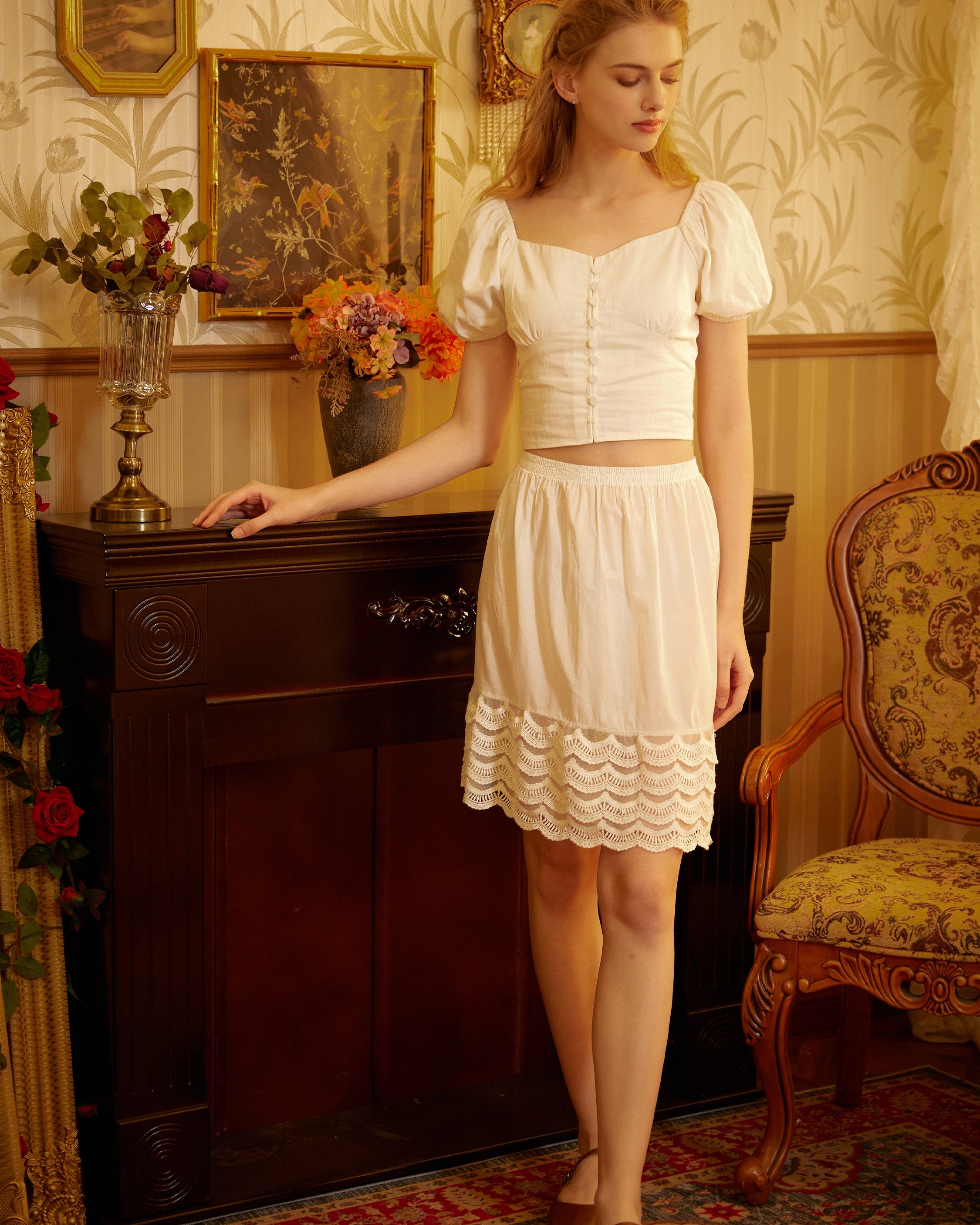 Skirt Extender Cotton Petticoat with Lace Trim Half Slip Vintage Inspired Underskirt Ivory