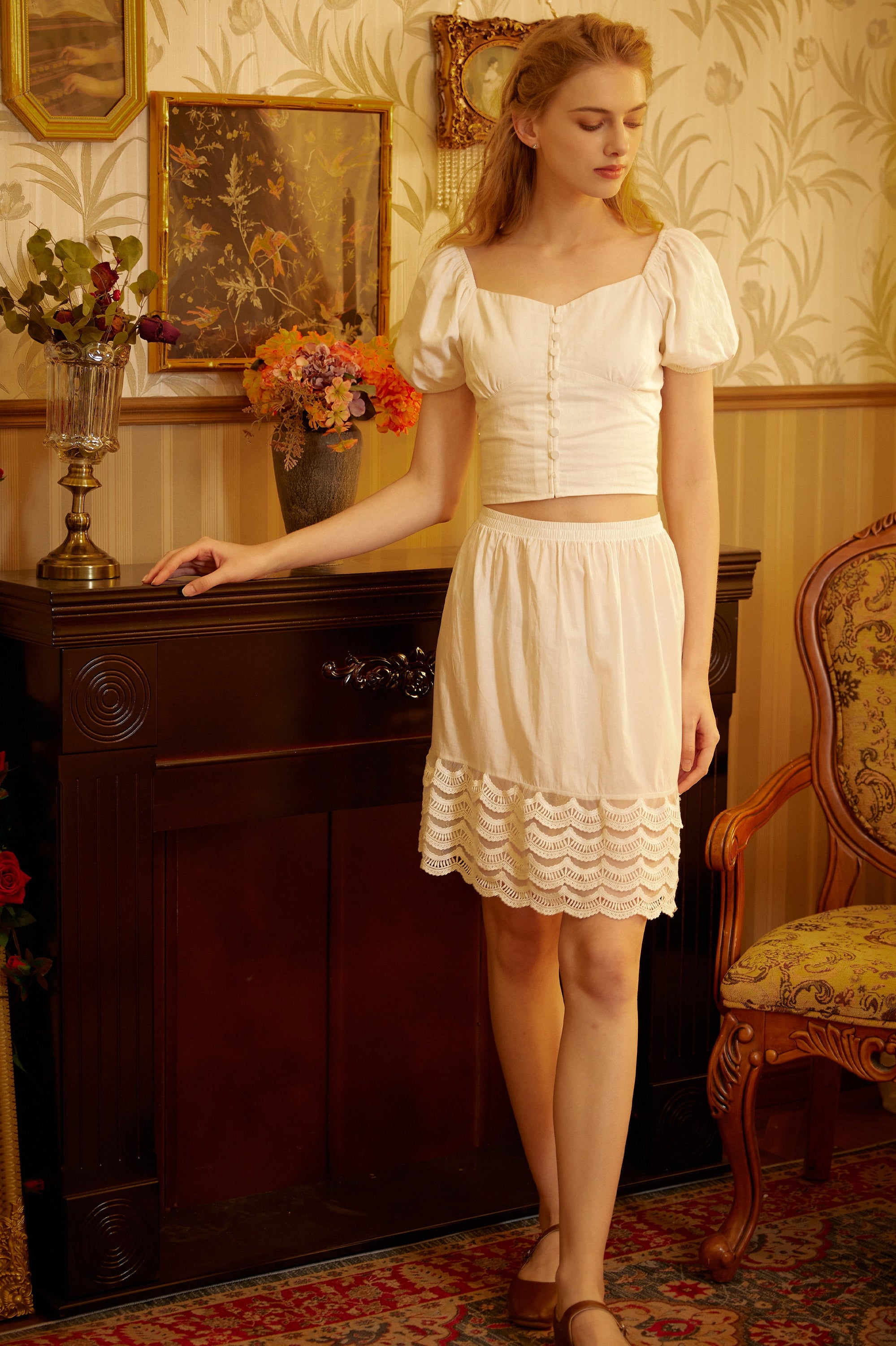 Skirt Extender Cotton Petticoat with Lace Trim Half Slip Vintage Inspired Underskirt Ivory