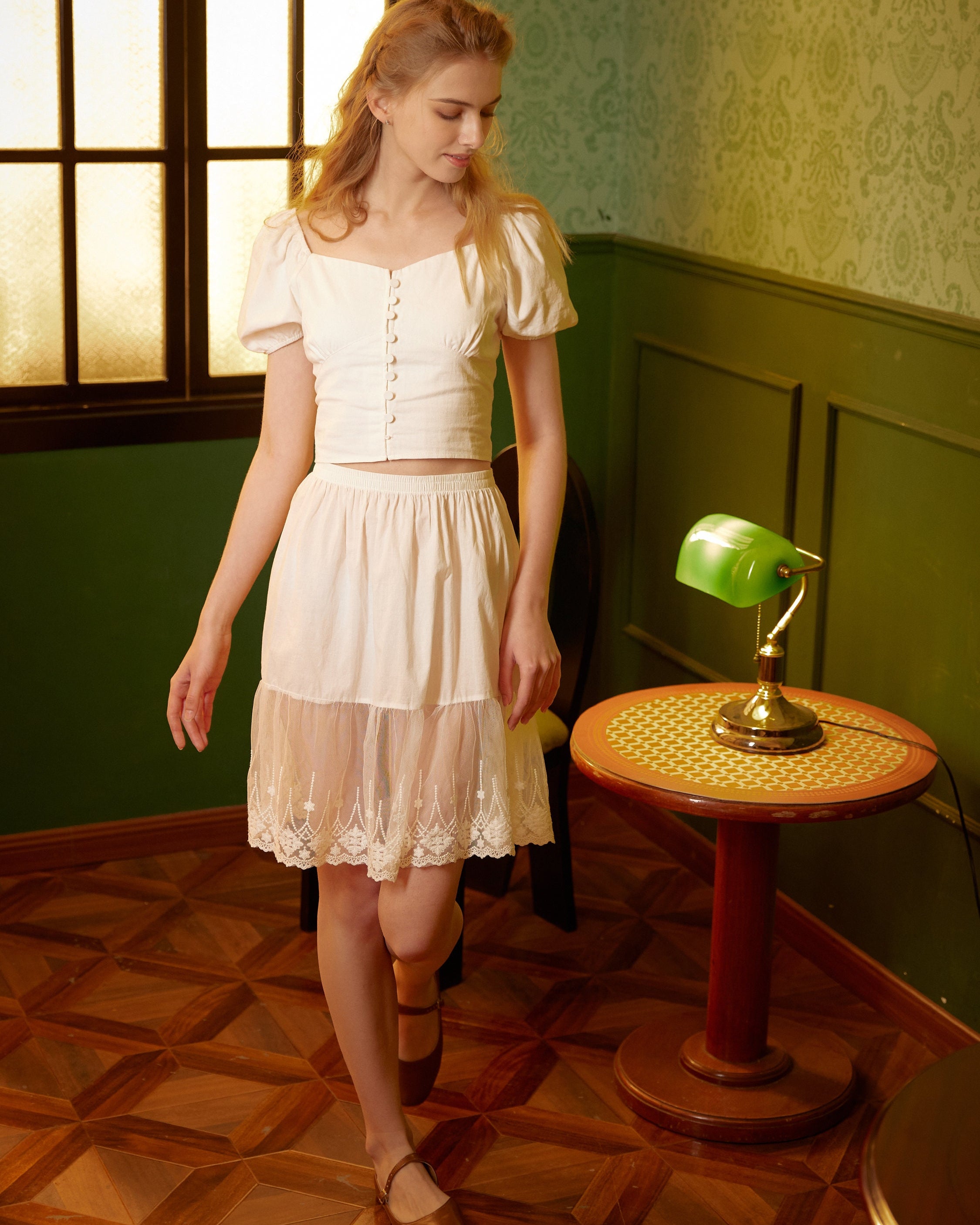 Skirt Extender Cotton Petticoat with Lace Trim Half Slip Underskirt Ivory Knee Length