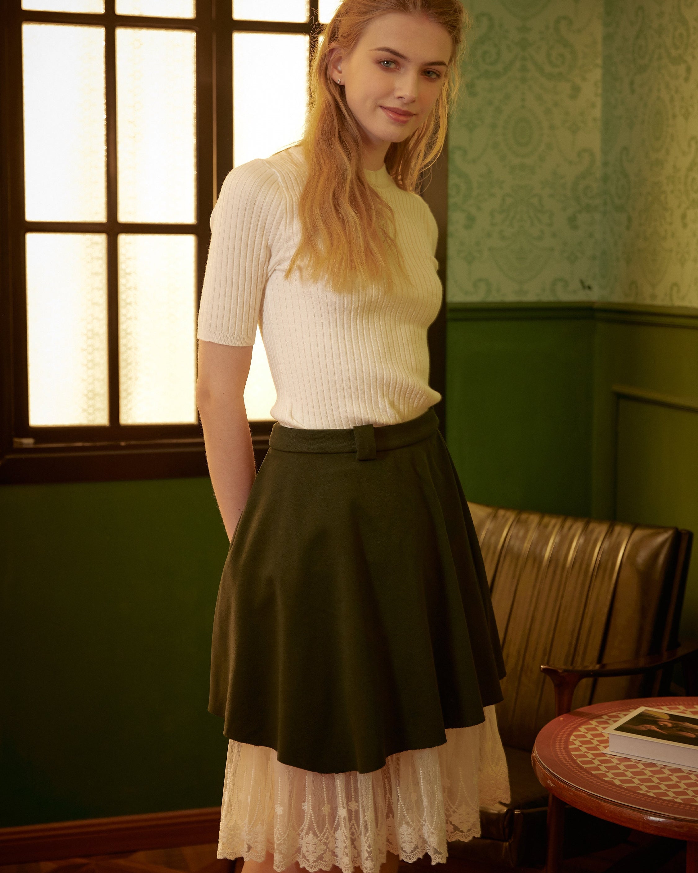 Skirt Extender Cotton Petticoat with Lace Trim Half Slip Underskirt Ivory Knee Length