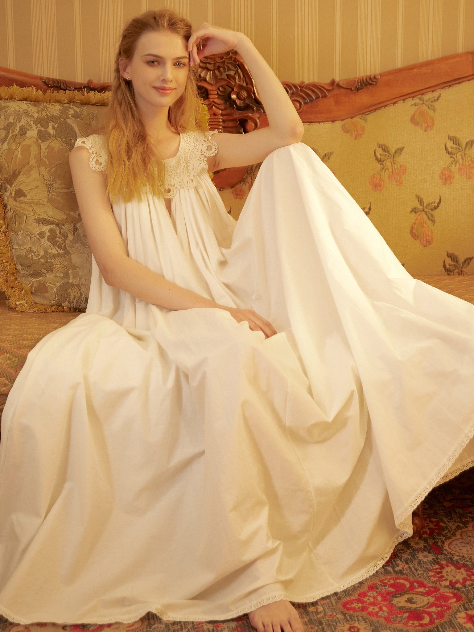 Victorian Nightgown for Women White Nightie 100% Cotton Sleeveless long Sleepwear Plus Size Nightgown