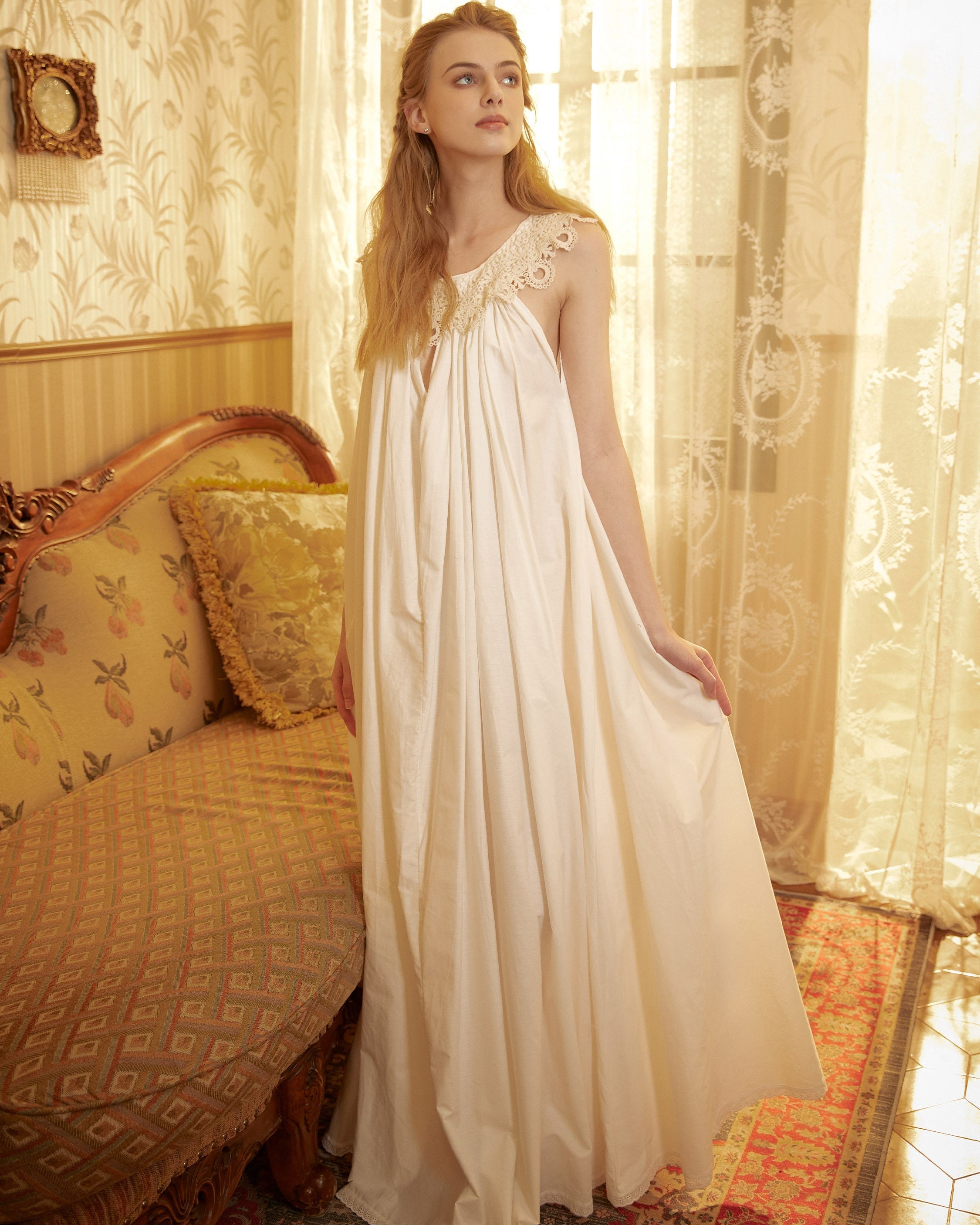 Victorian Nightgown for Women White Nightie 100% Cotton Sleeveless long Sleepwear Plus Size Nightgown