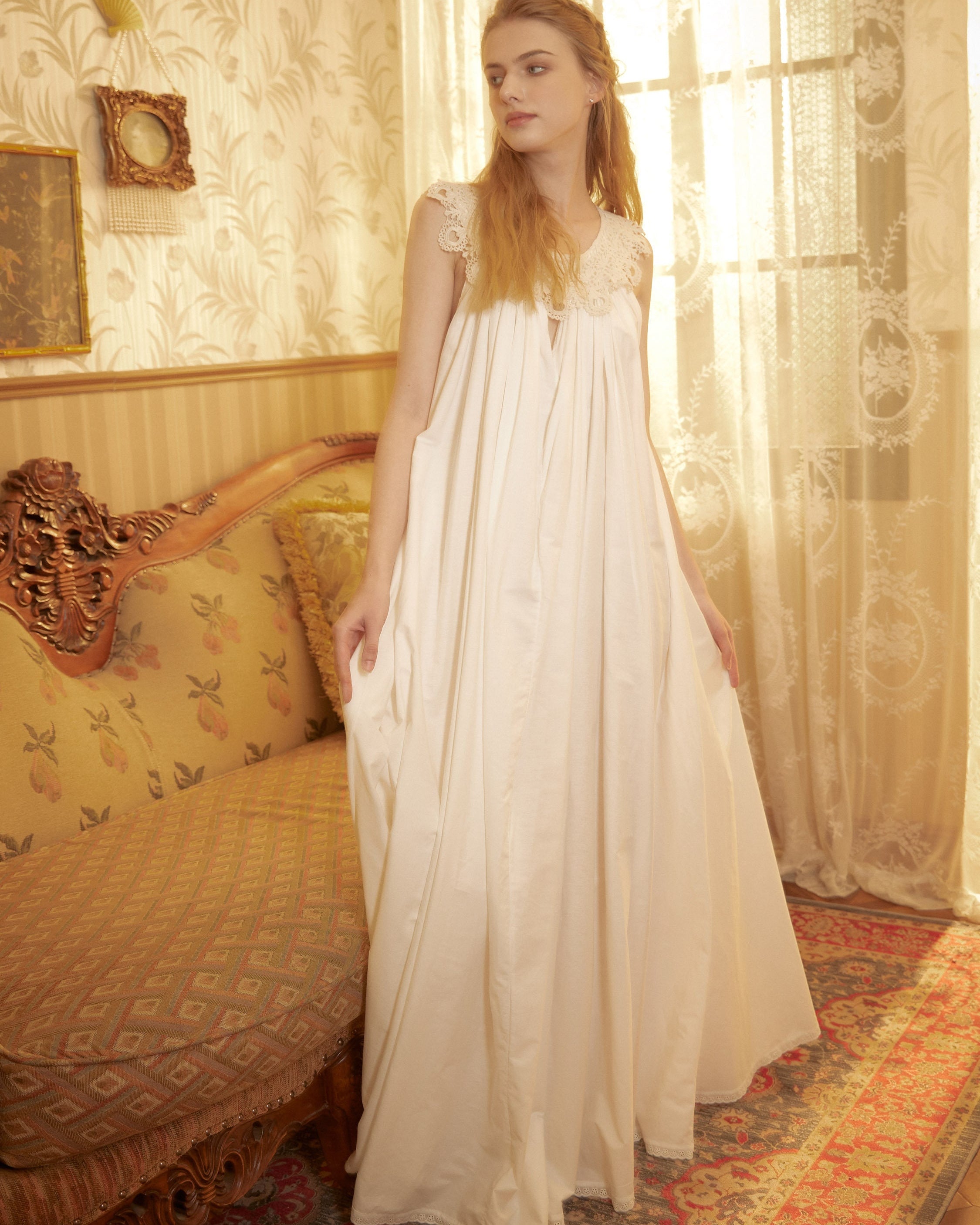 Victorian Nightgown for Women White Nightie 100% Cotton Sleeveless long Sleepwear Plus Size Nightgown