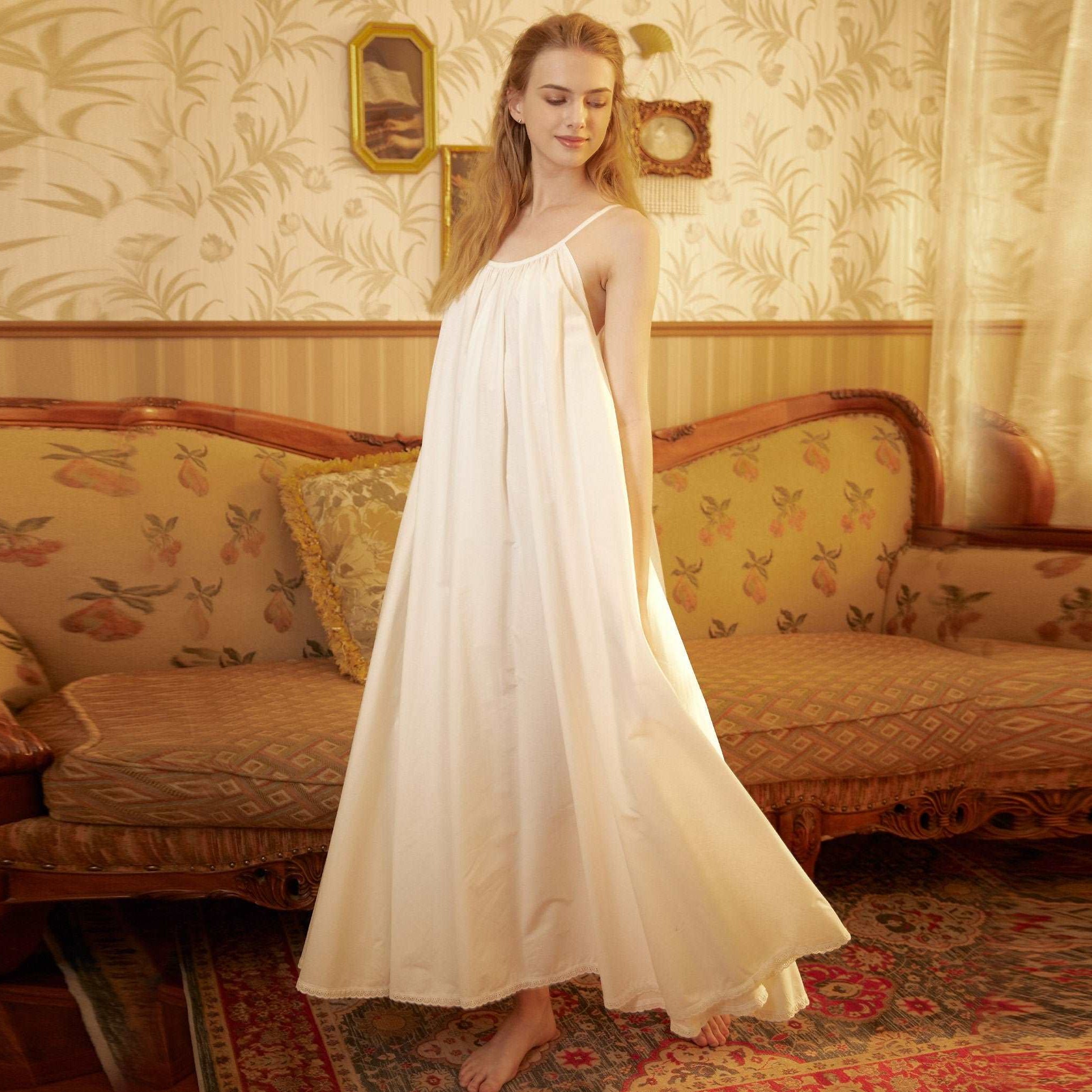 Nightgown 100% Cotton Nightgown Victorian Nightgown Women White long nightgown Honeymoon Bridal Lingerie Sleeveless nightgown