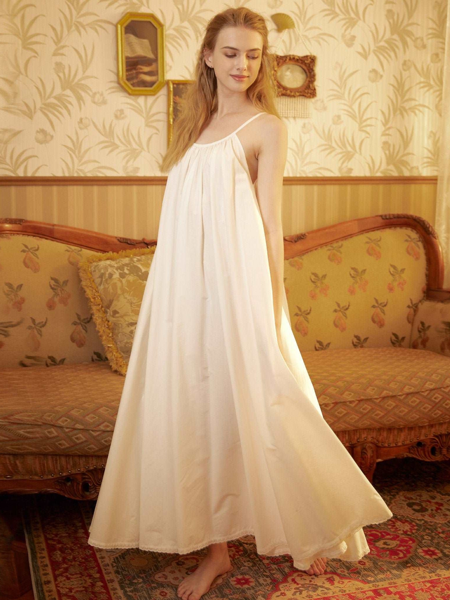 Nightgown 100% Cotton Nightgown Victorian Nightgown Women White long nightgown Honeymoon Bridal Lingerie Sleeveless nightgown