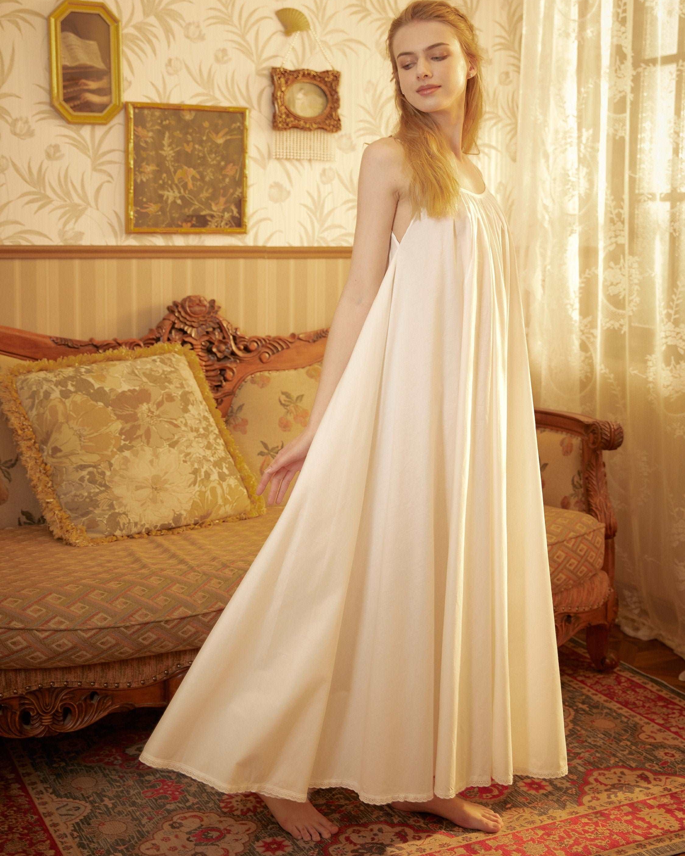 Nightgown 100% Cotton Nightgown Victorian Nightgown Women White long nightgown Honeymoon Bridal Lingerie Sleeveless nightgown