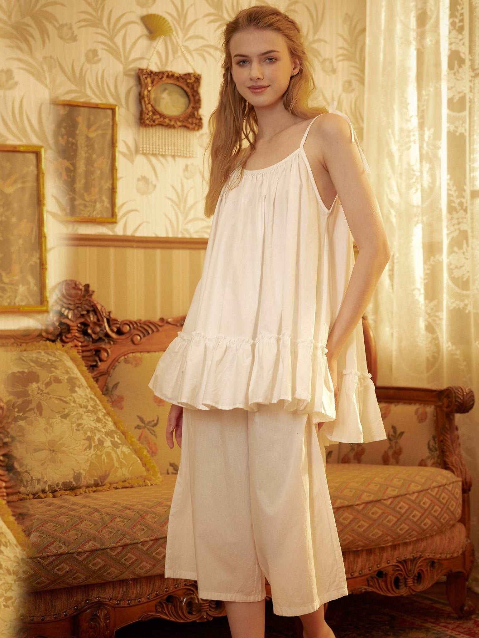 Nightgown Cotton for Women Victorian White Lingerie Sleepwear Ruffled Medieval Sleeveless nightgown plus size Pajama