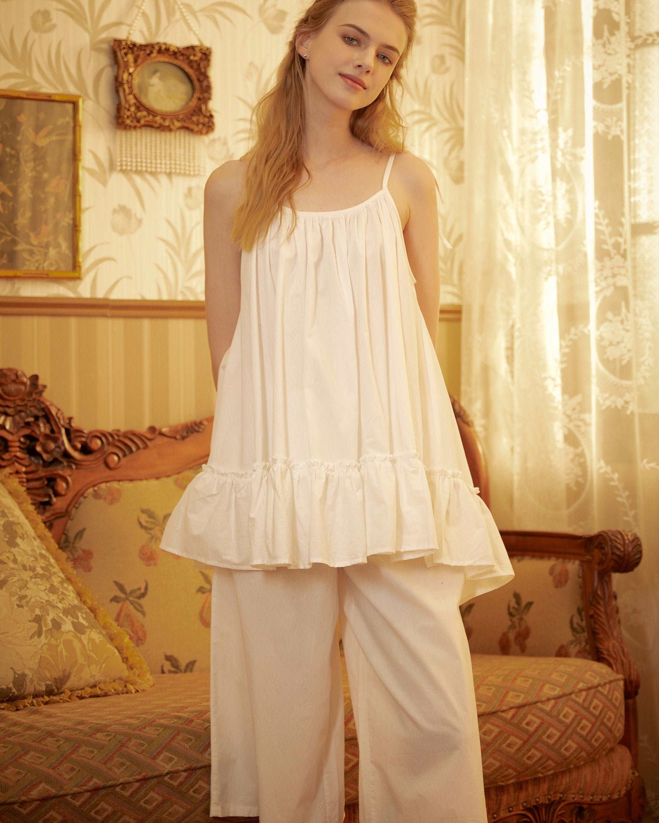 Nightgown Cotton for Women Victorian White Lingerie Sleepwear Ruffled Medieval Sleeveless nightgown plus size Pajama