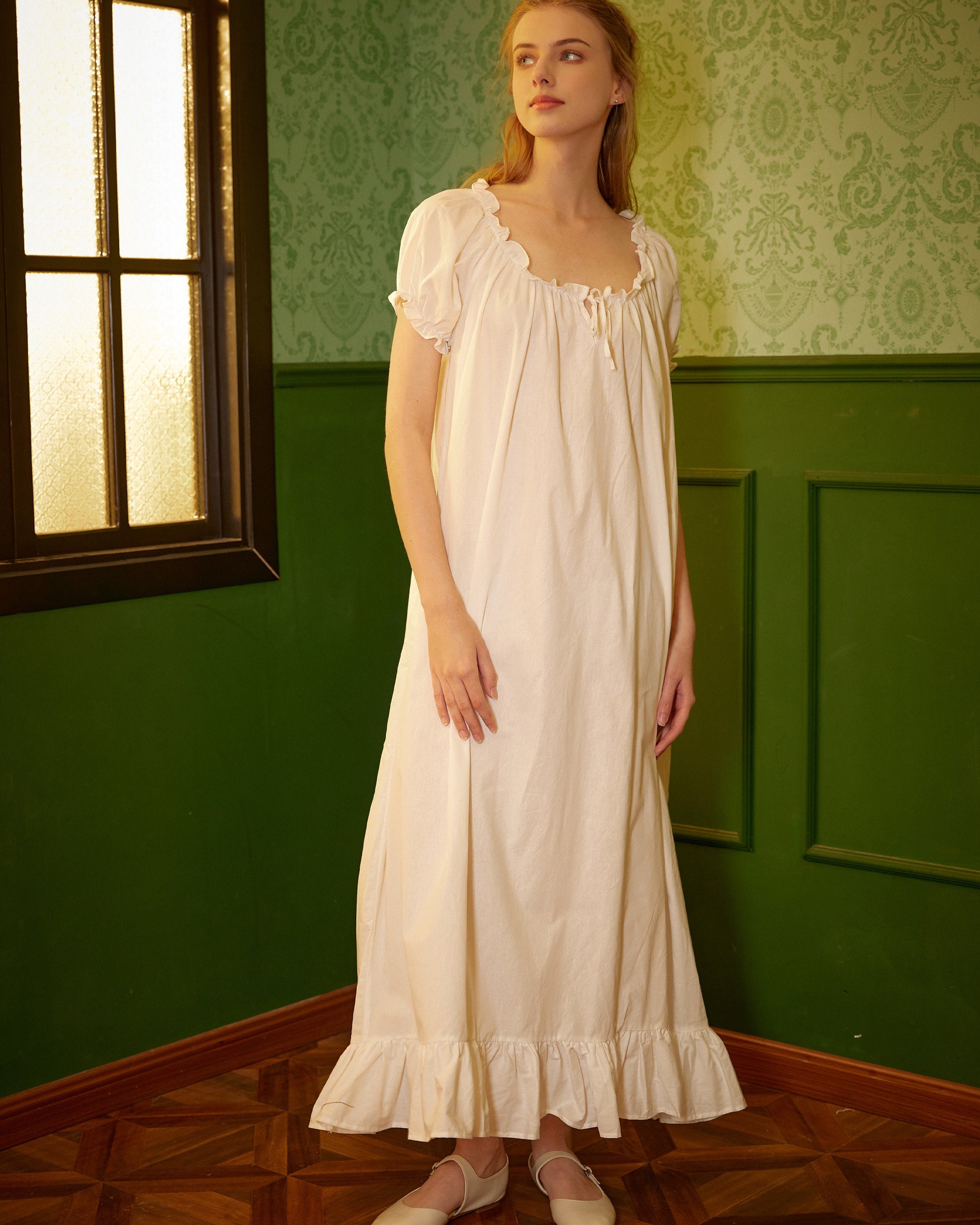 Ruffled Victorian Nightgown Vintage Inspired Summer Nightgown Loose White Long Sleepwear Ruffled Scoop Neckline Dress Elastic Sleeves