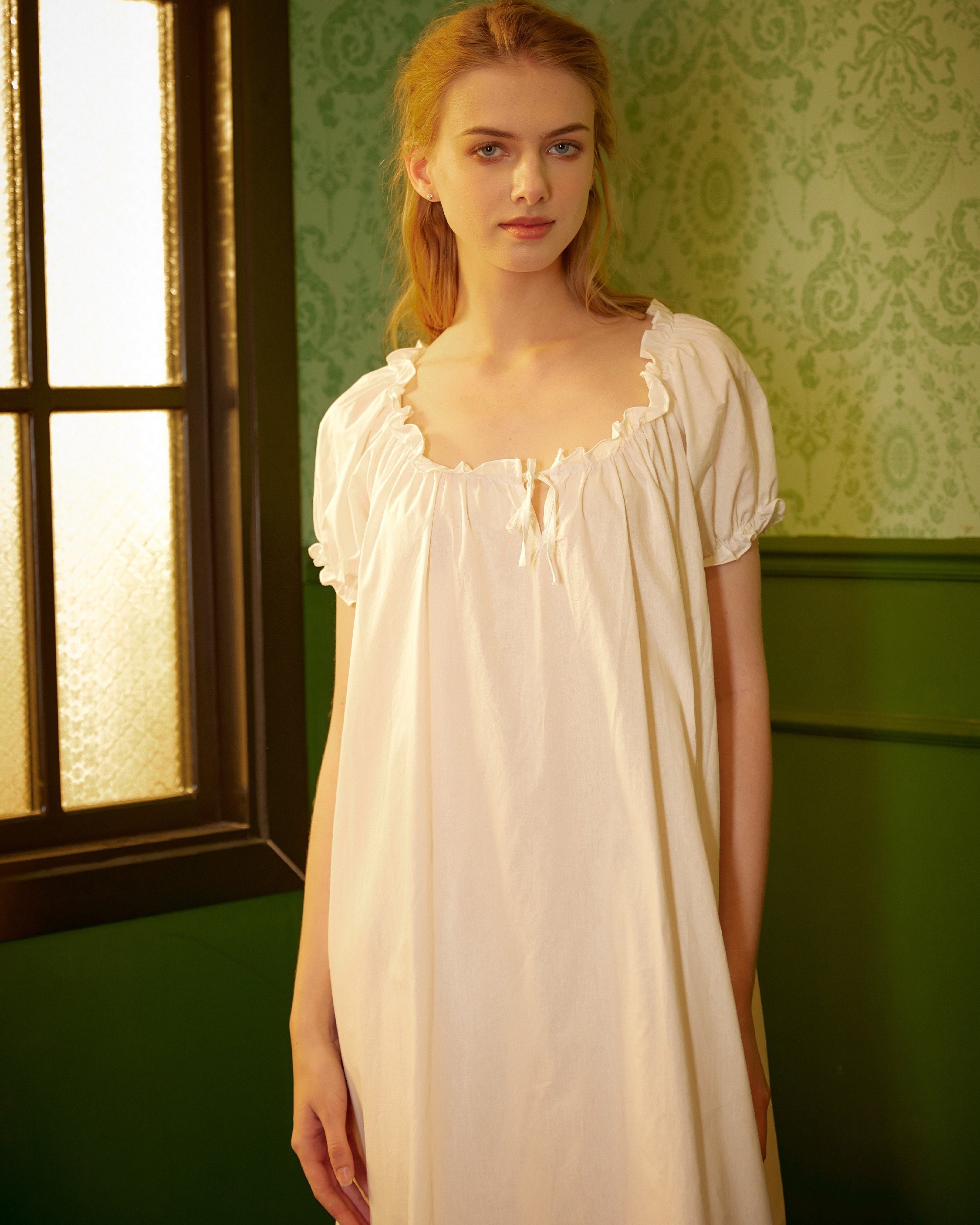 Ruffled Victorian Nightgown Vintage Inspired Summer Nightgown Loose White Long Sleepwear Ruffled Scoop Neckline Dress Elastic Sleeves