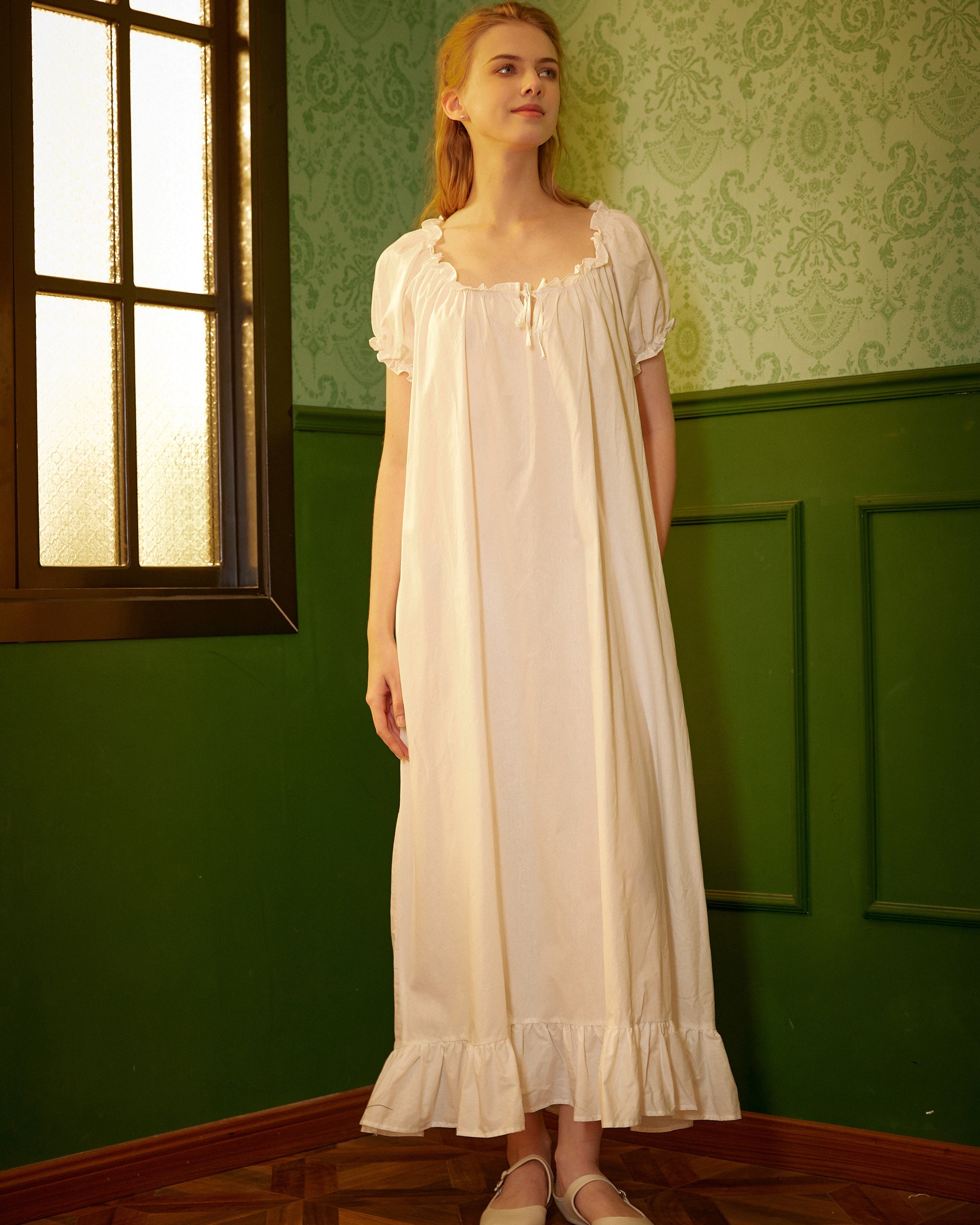 Ruffled Victorian Nightgown Vintage Inspired Summer Nightgown Loose White Long Sleepwear Ruffled Scoop Neckline Dress Elastic Sleeves