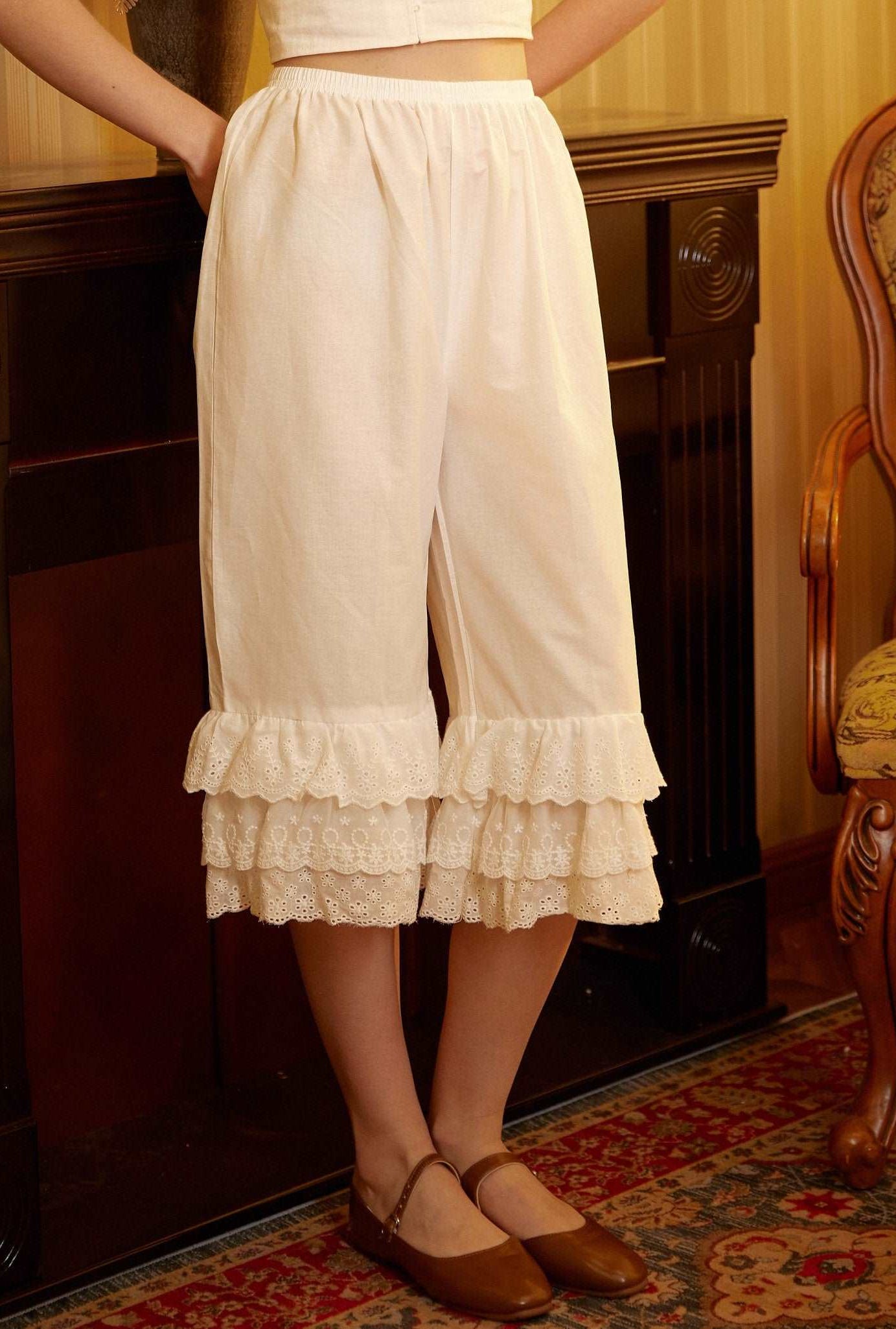Cotton Bloomers Women Pantaloons Victorian Plus Size Bloomers Culottes Cropped Pants Loungewear Pettipants with Tiered Lace Edge