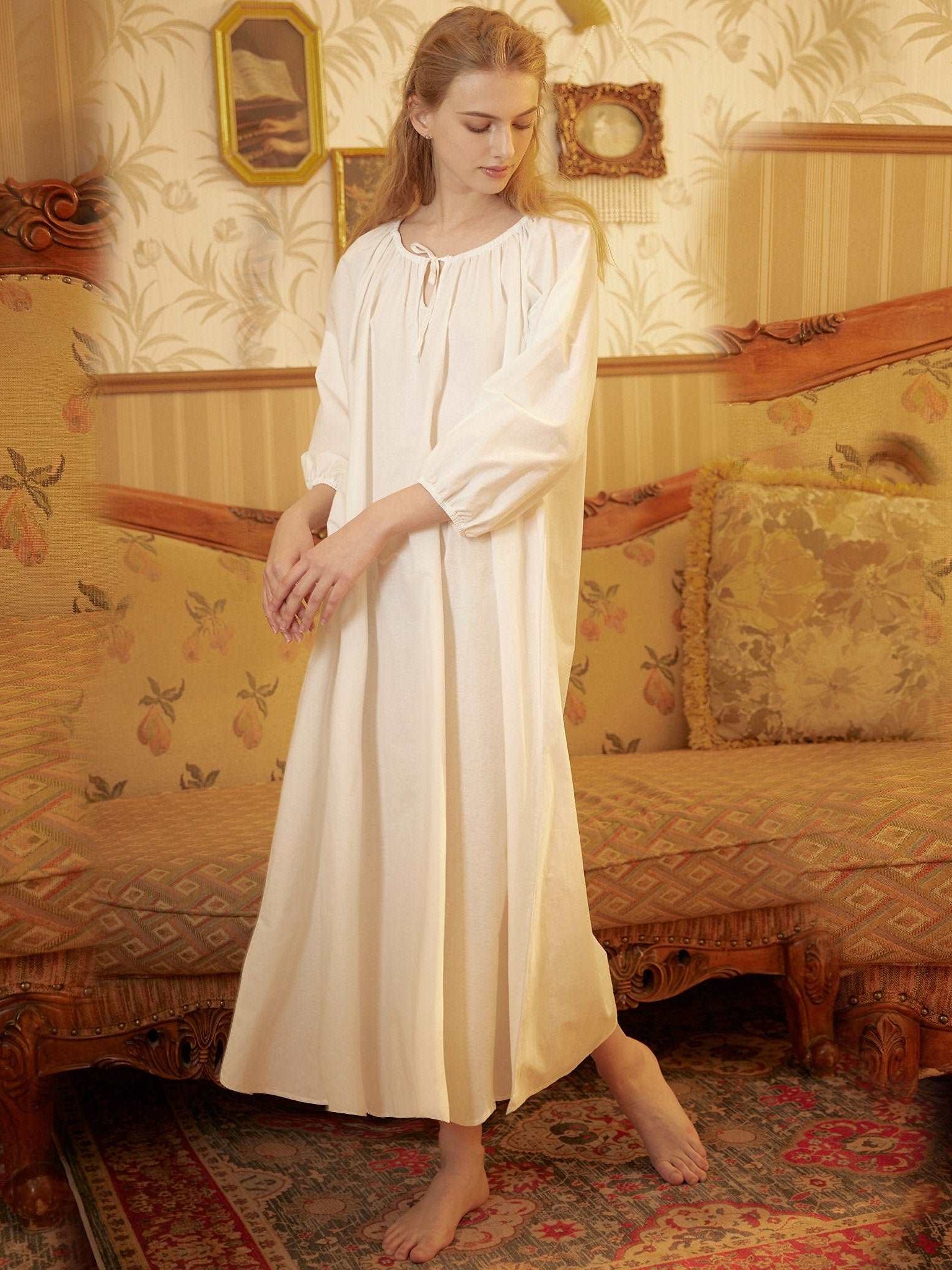 Nightgown Cotton for Women Victorian Nightgown Long Sleepwear Scoop Neck Three-quarter Sleeve Medieval Nightgown Plus Size
