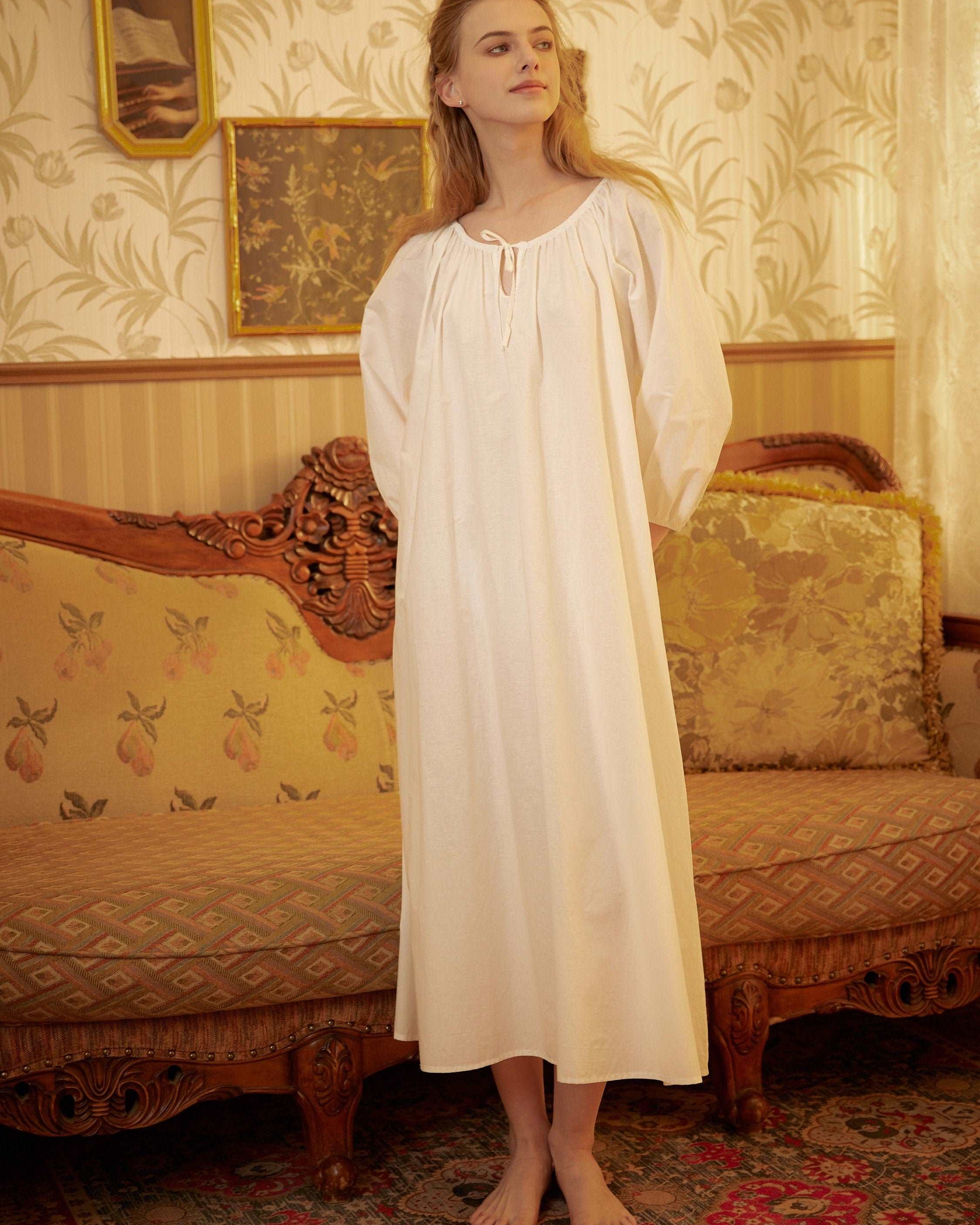 Nightgown Cotton for Women Victorian Nightgown Long Sleepwear Scoop Neck Three-quarter Sleeve Medieval Nightgown Plus Size