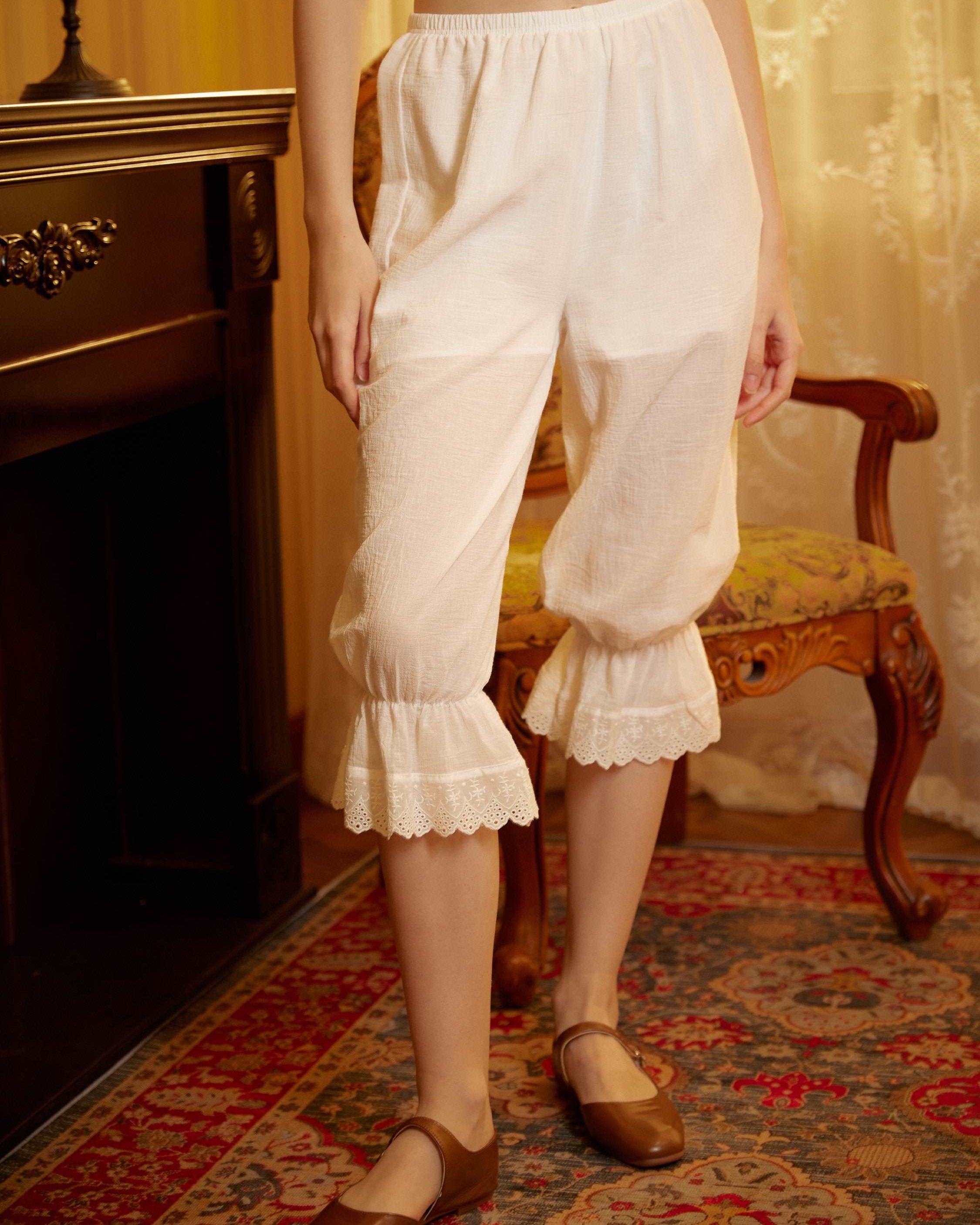 Bloomers Women Cotton Pantaloons Pajama Victorian Bloomers Capris Pants Sleepwear Pettipants with Elastic Lace Ruffle Hem Ivory