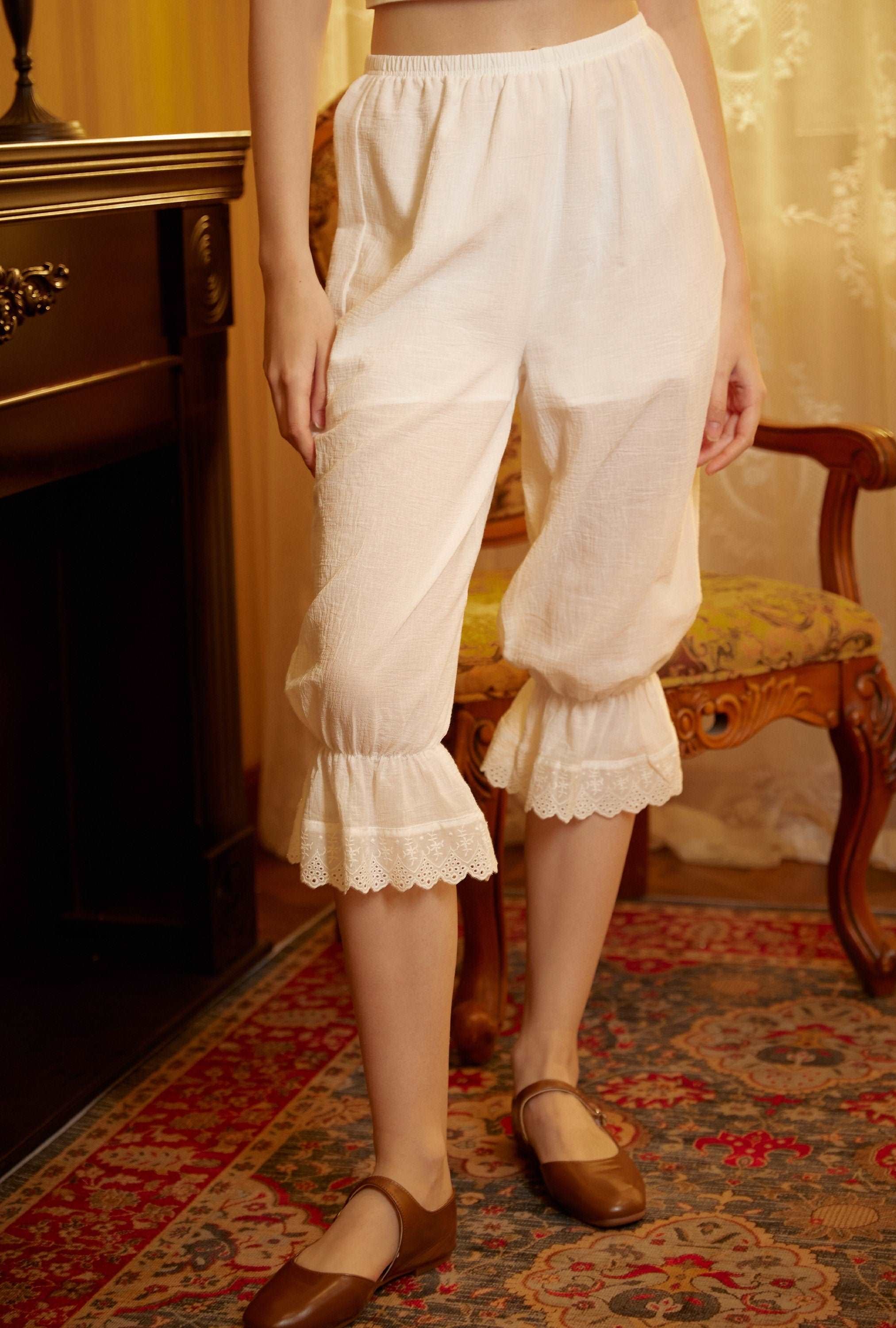 Bloomers Women Cotton Pantaloons Pajama Victorian Bloomers Capris Pants Sleepwear Pettipants with Elastic Lace Ruffle Hem Ivory