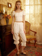 Bloomers Women Cotton Pantaloons Pajama Victorian Bloomers Capris Pants Sleepwear Pettipants with Elastic Lace Ruffle Hem Ivory