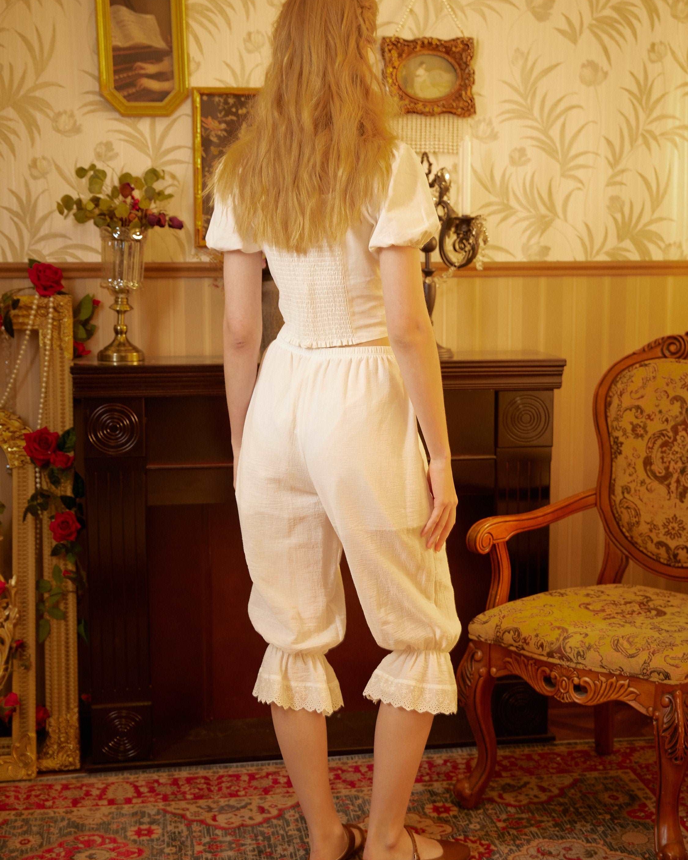 Bloomers Women Cotton Pantaloons Pajama Victorian Bloomers Capris Pants Sleepwear Pettipants with Elastic Lace Ruffle Hem Ivory