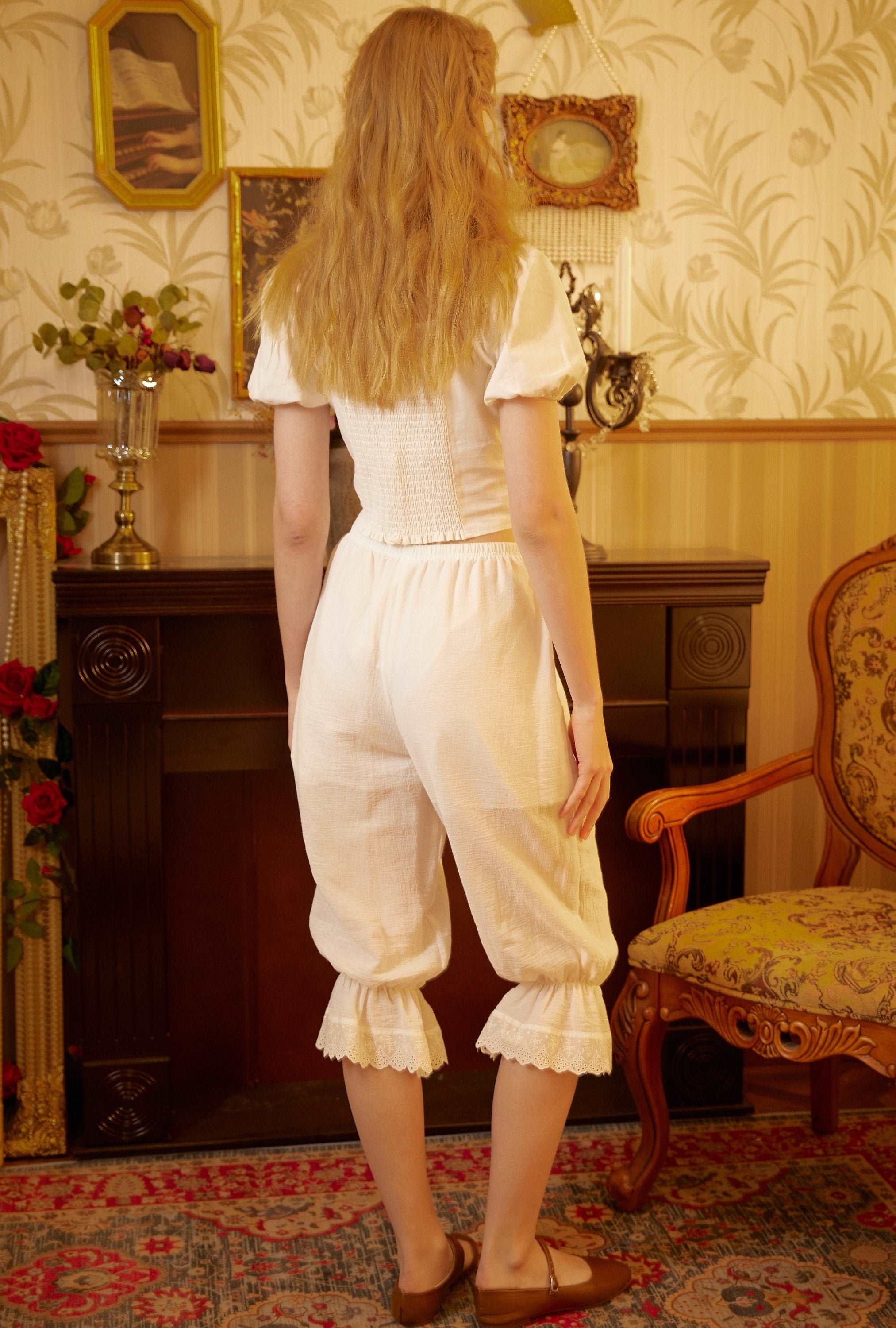 Bloomers Women Cotton Pantaloons Pajama Victorian Bloomers Capris Pants Sleepwear Pettipants with Elastic Lace Ruffle Hem Ivory