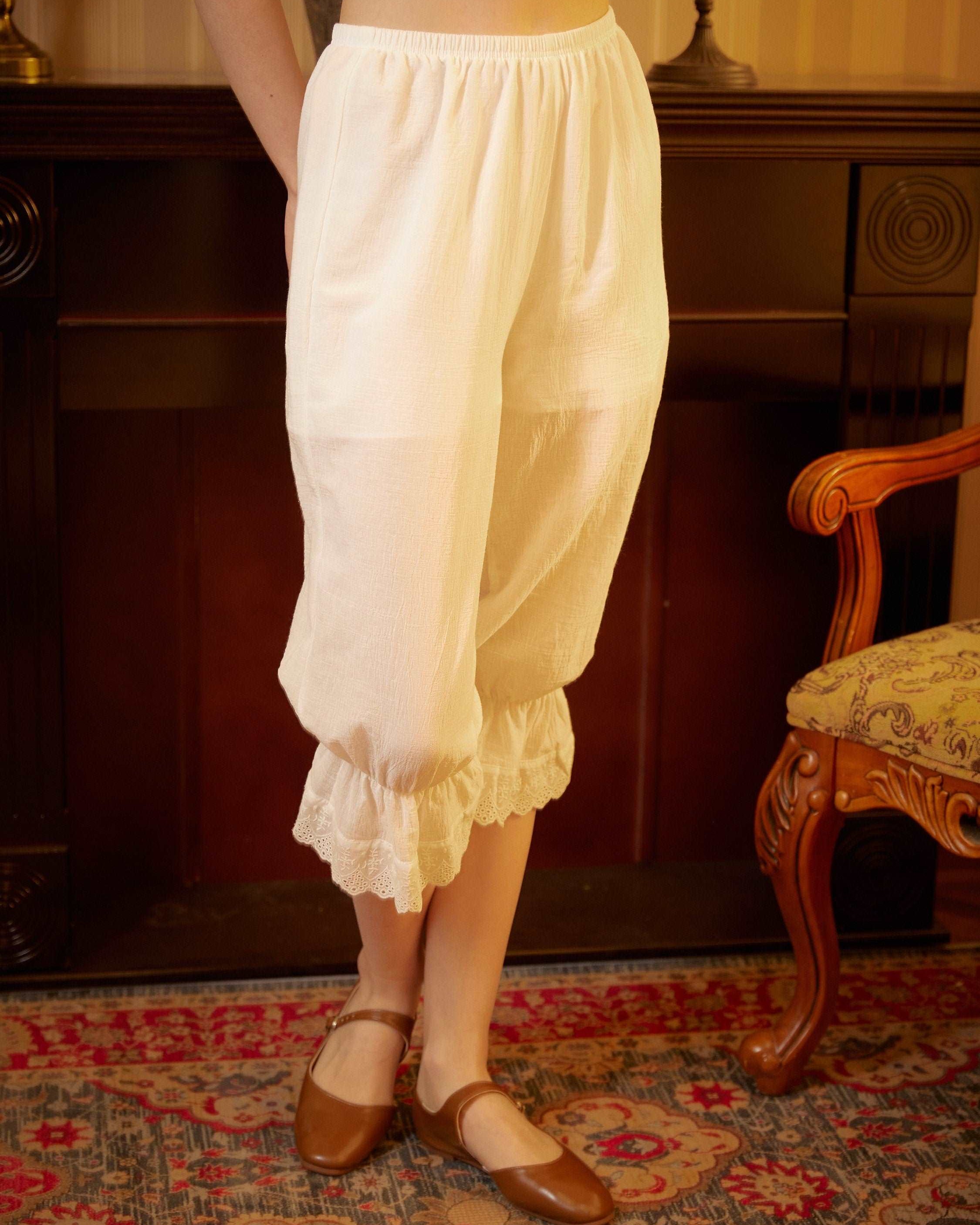 Bloomers Women Cotton Pantaloons Pajama Victorian Bloomers Capris Pants Sleepwear Pettipants with Elastic Lace Ruffle Hem Ivory