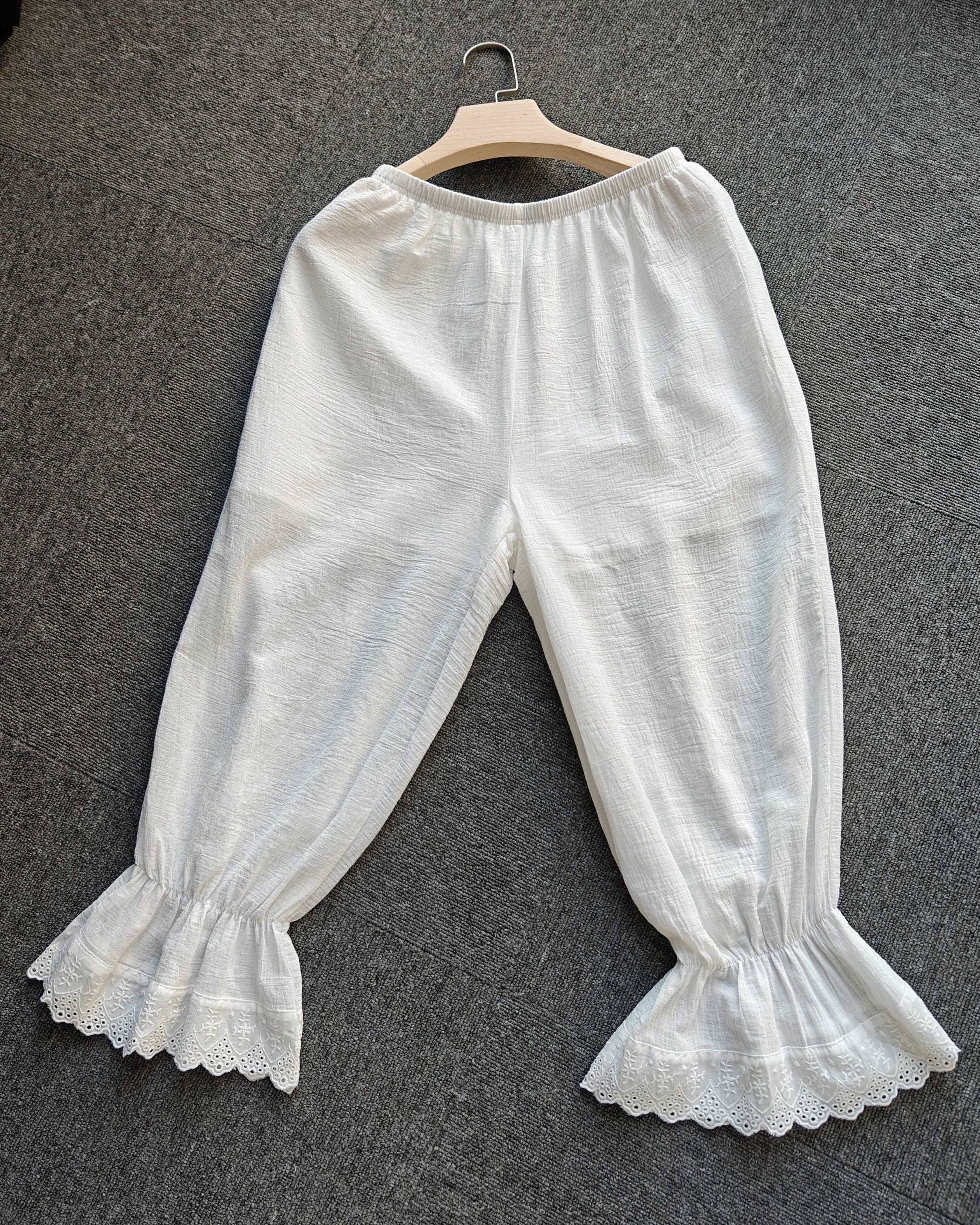 Bloomers Women Cotton Pantaloons Pajama Victorian Bloomers Capris Pants Sleepwear Pettipants with Elastic Lace Ruffle Hem Ivory