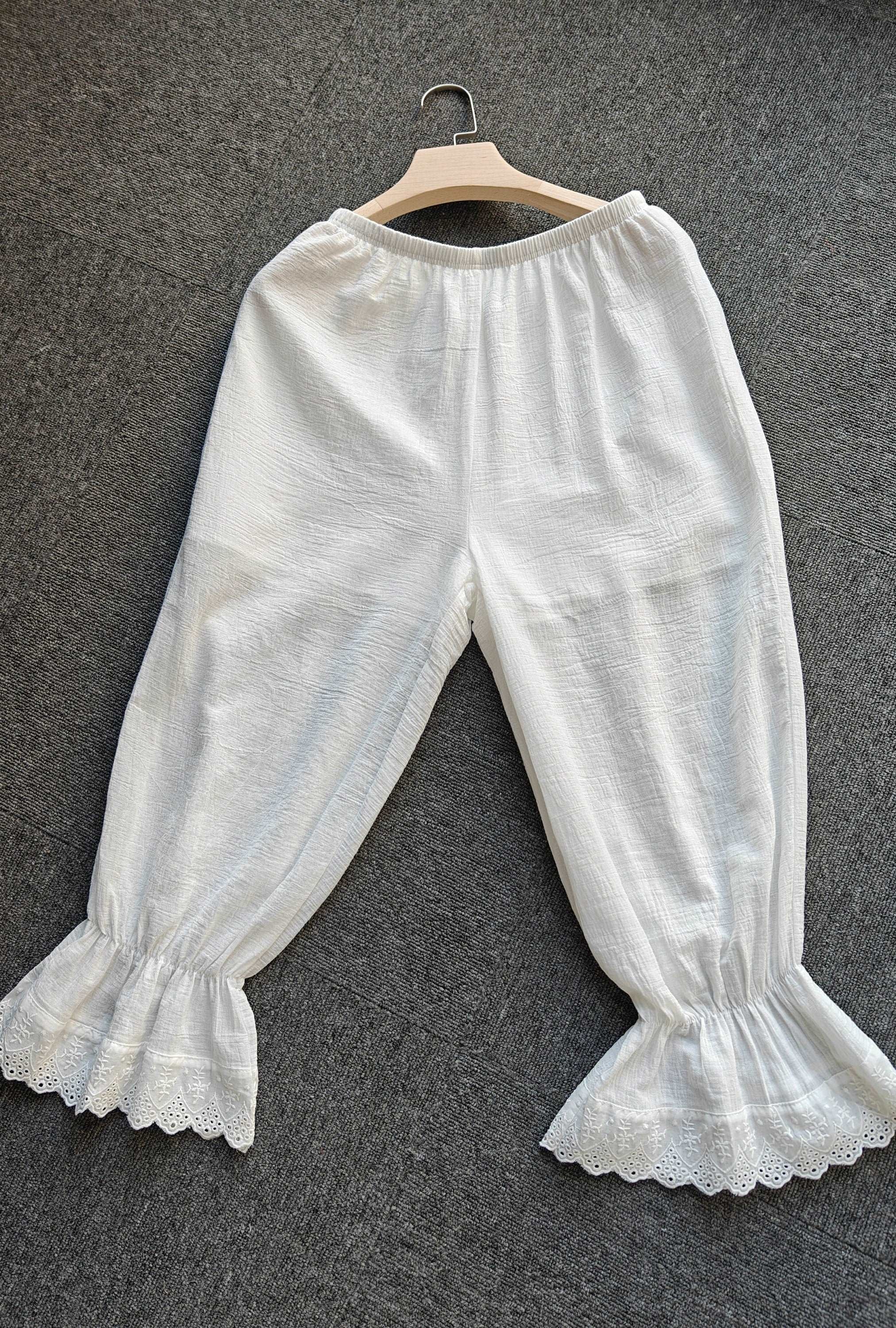 Bloomers Women Cotton Pantaloons Pajama Victorian Bloomers Capris Pants Sleepwear Pettipants with Elastic Lace Ruffle Hem Ivory