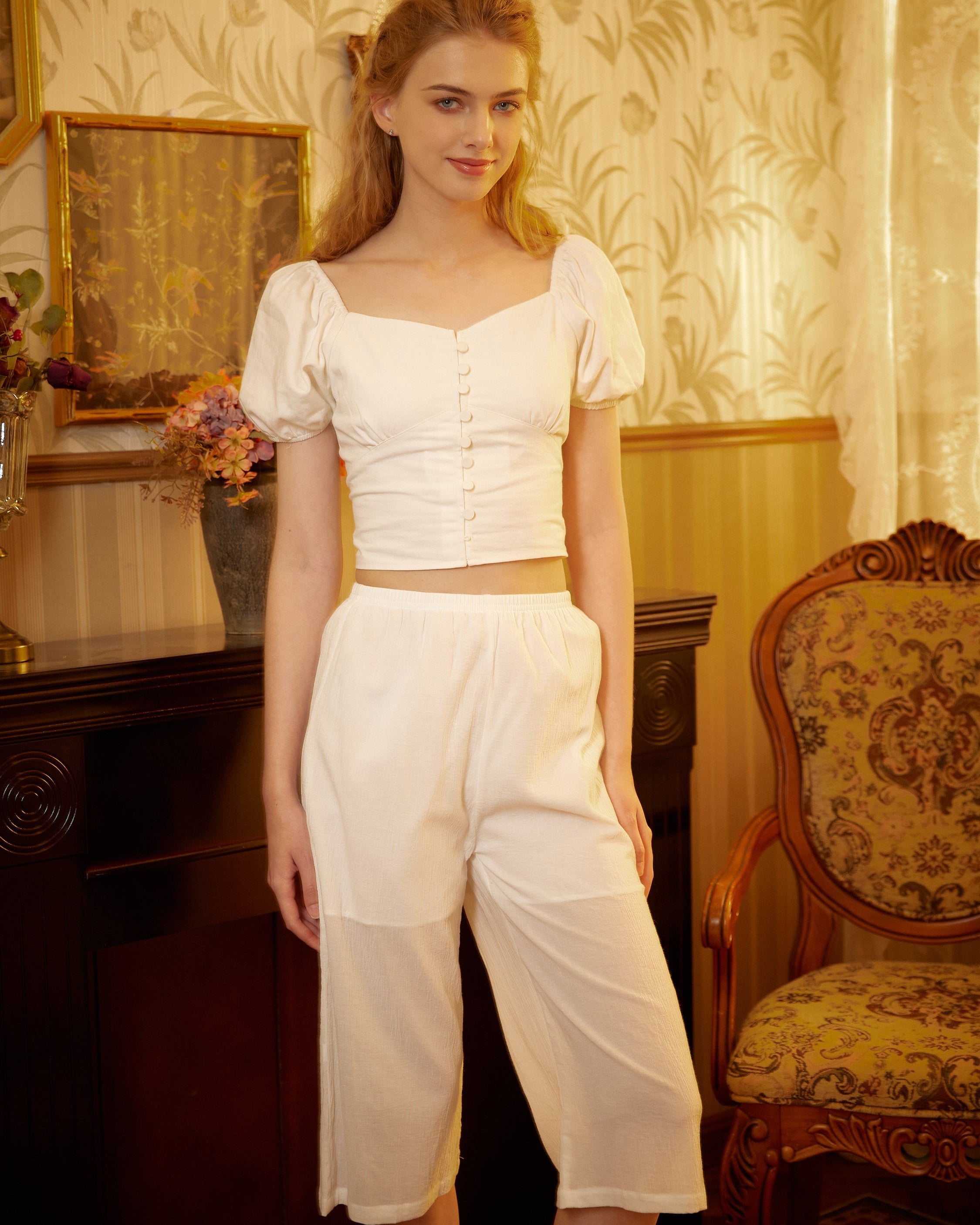 Women’s Bloomers Cotton Pettipants Pantaloons Culotte Sleepwear Capri Pants Pajama Loungewear with Lining Ivory