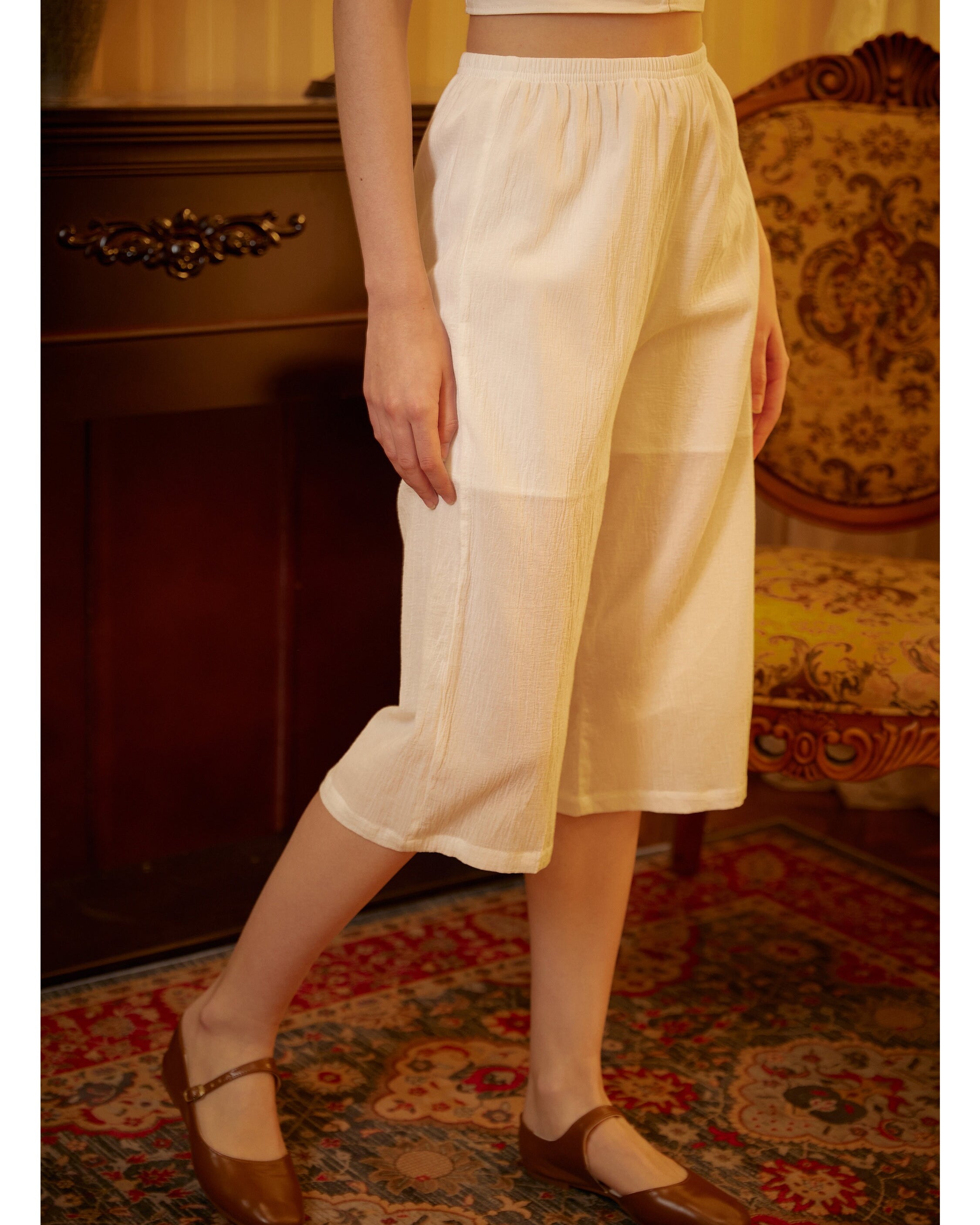 Women’s Bloomers Cotton Pettipants Pantaloons Culotte Sleepwear Capri Pants Pajama Loungewear with Lining Ivory