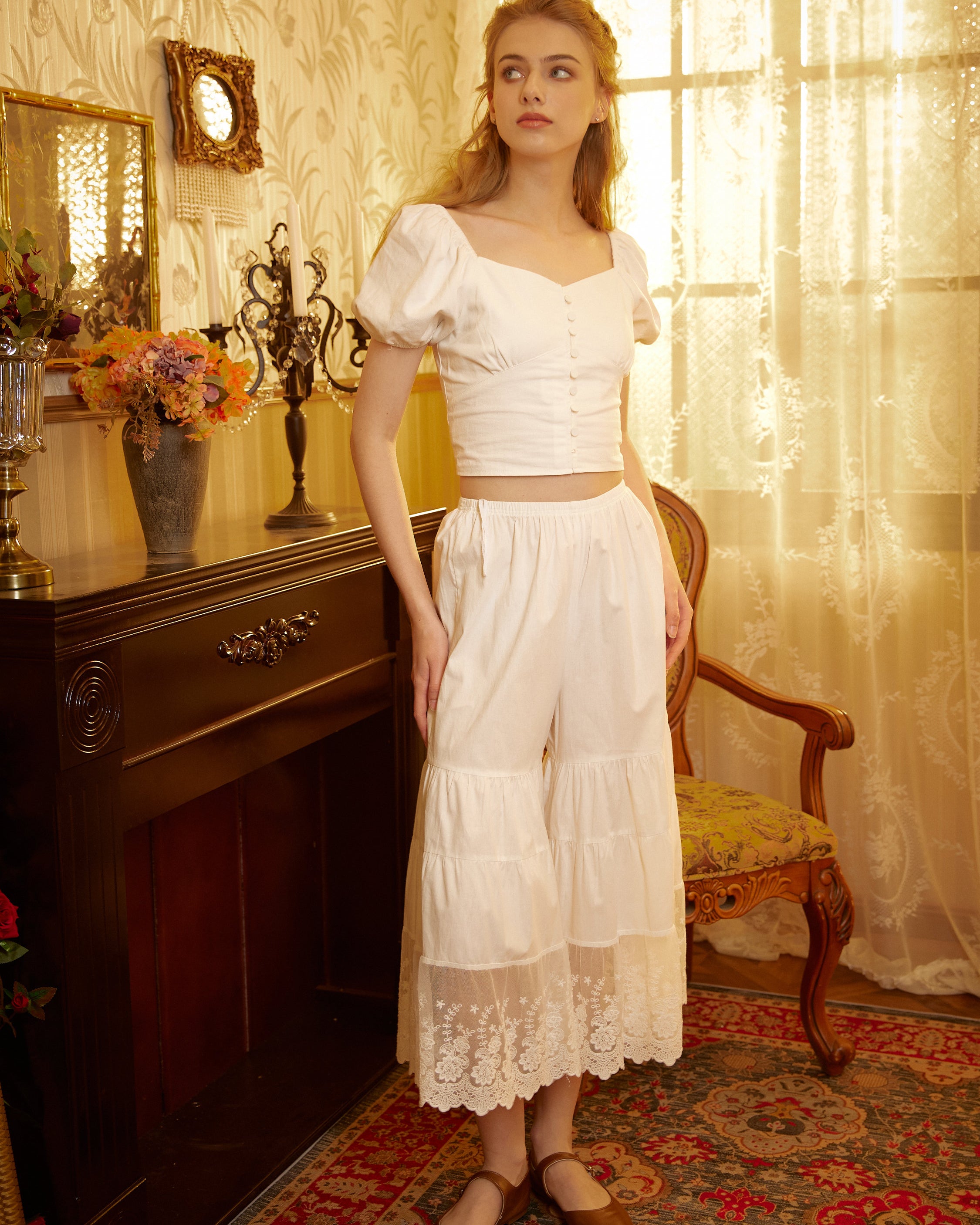 Women’s Bloomers Cotton Long Bloomers Plus Size Pantaloons Pettipants Victorian Underwear Lace Bloomer Pants Ivory Black Cream