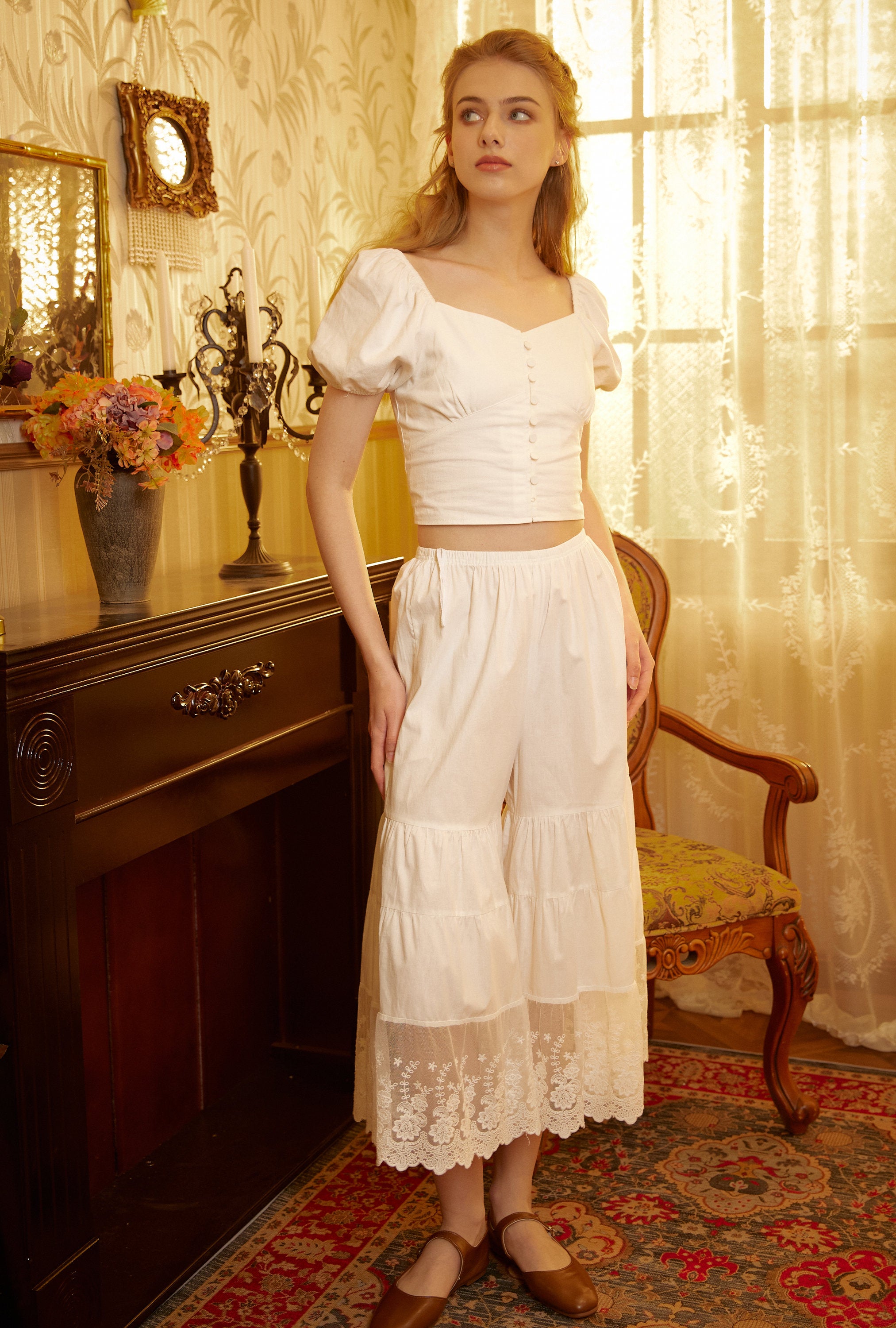 Women’s Bloomers Cotton Long Bloomers Plus Size Pantaloons Pettipants Victorian Underwear Lace Bloomer Pants Ivory Black Cream