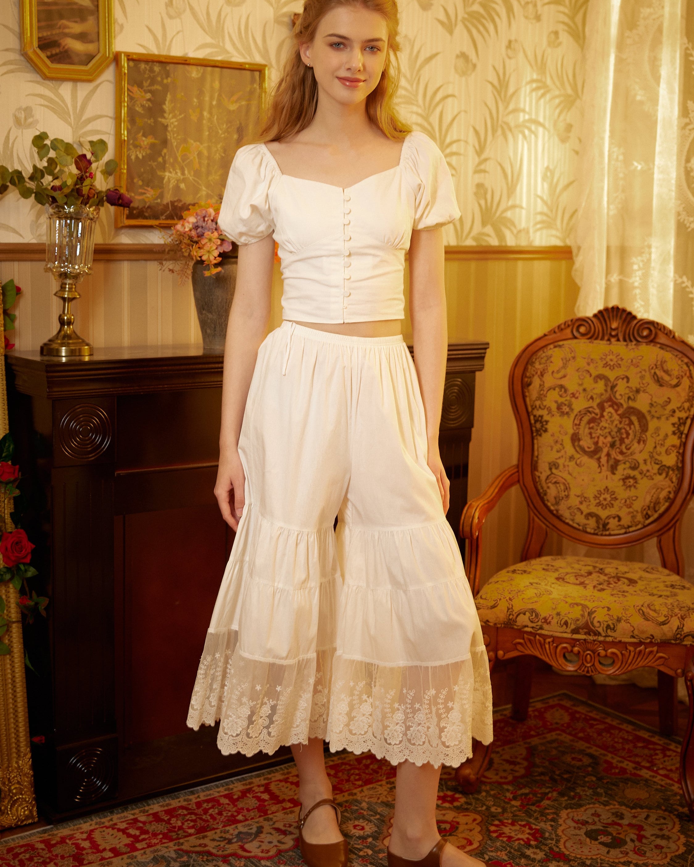 Women’s Bloomers Cotton Long Bloomers Plus Size Pantaloons Pettipants Victorian Underwear Lace Bloomer Pants Ivory Black Cream