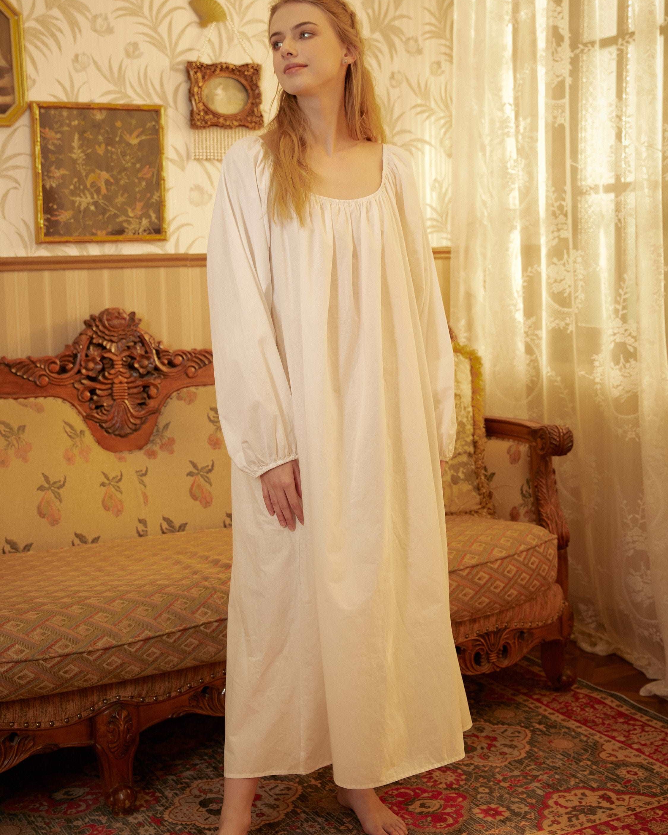 Nightgown Cotton for Women Victorian Nightgown Long Sleepwear Square Neck Long Sleeve Medieval Nightgown Plus Size